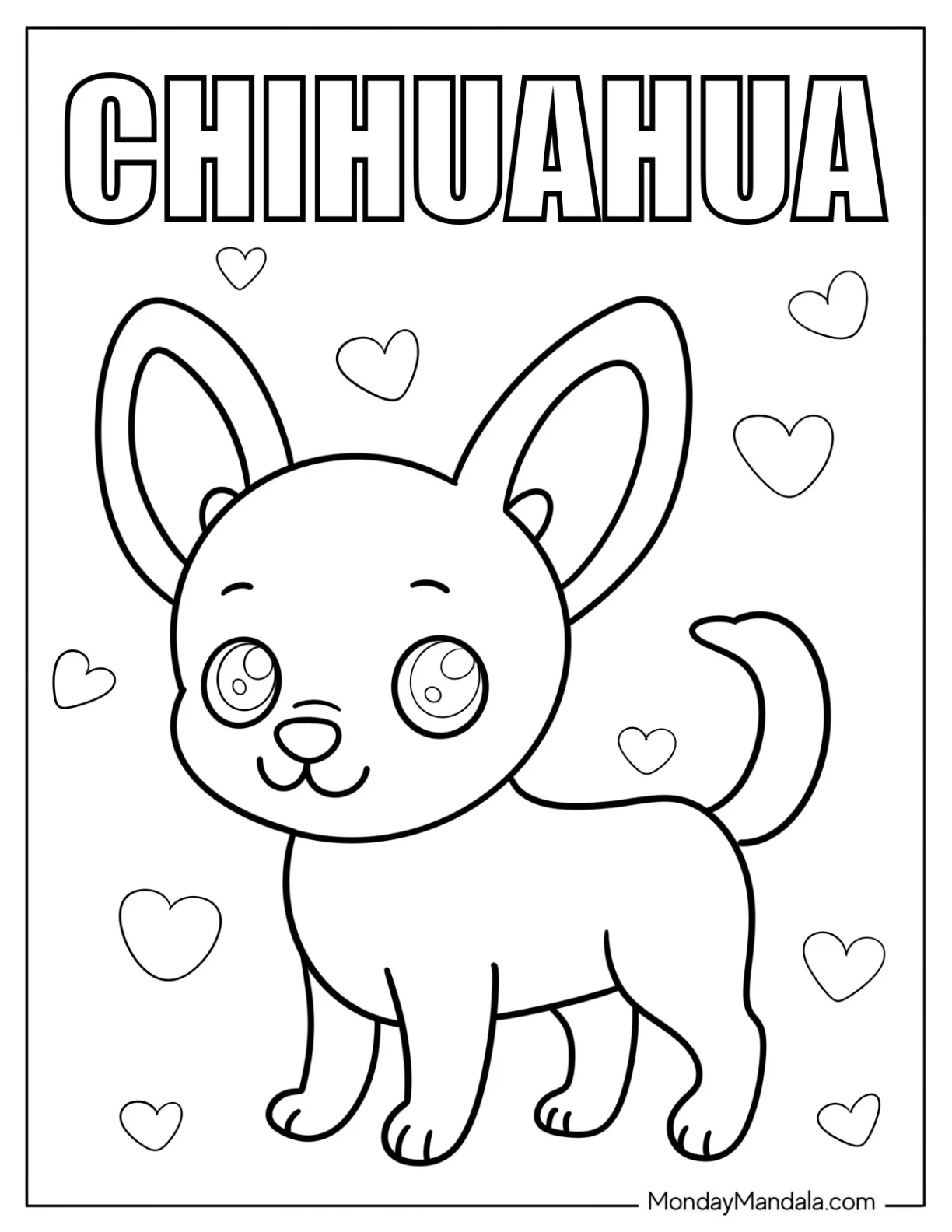 Easy Chihuahua Coloring Page with Love Hearts and Text for Preschoolers coloring page