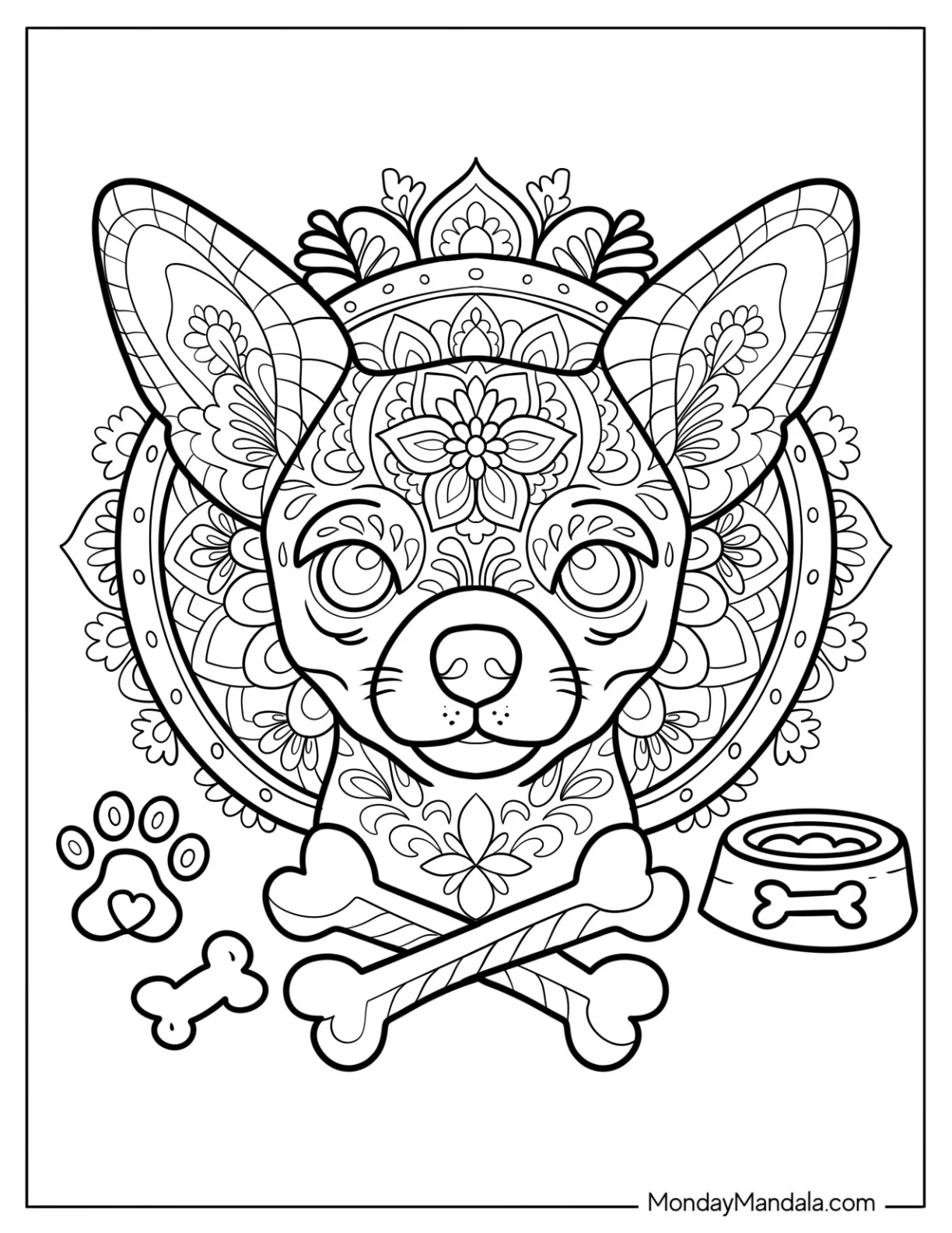 Elegant Chihuahua Coloring Page Mandala with Floral Patterns coloring page — printable line art