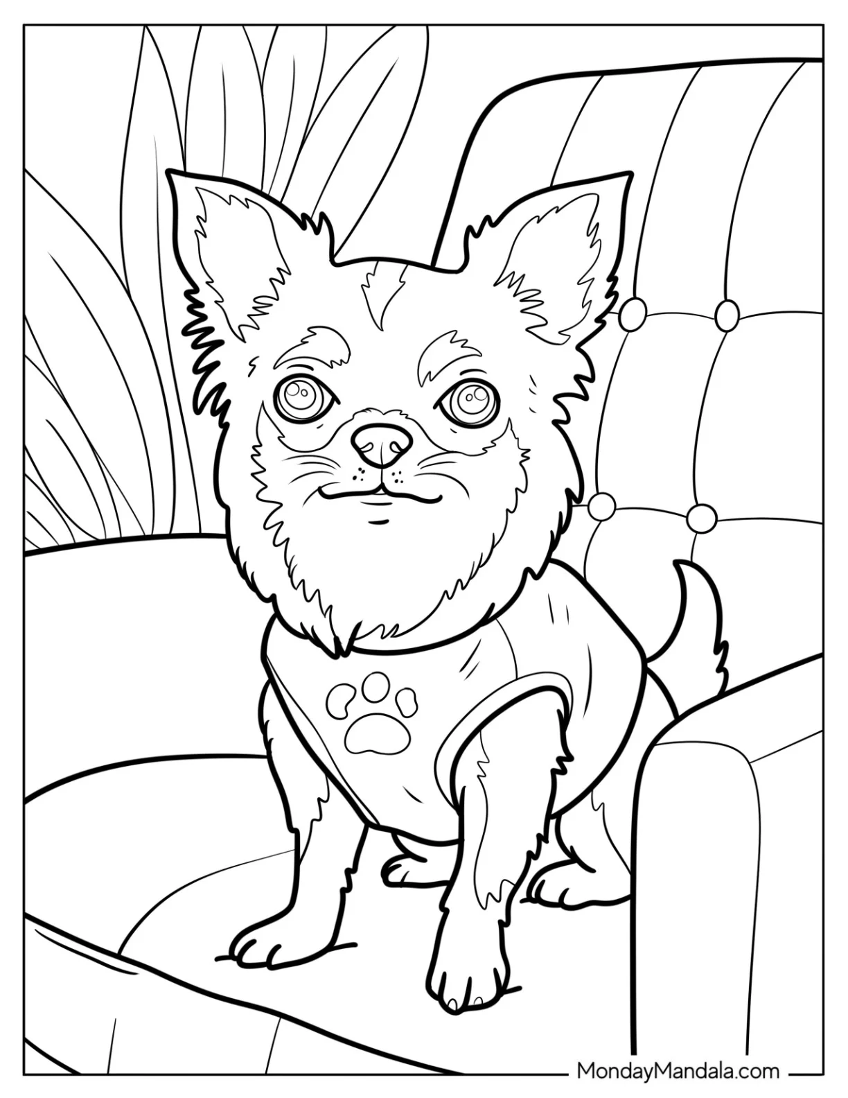 Fluffy Chihuahua Coloring Page Wearing a Shirt While Sitting on the Couch coloring page — printable line art
