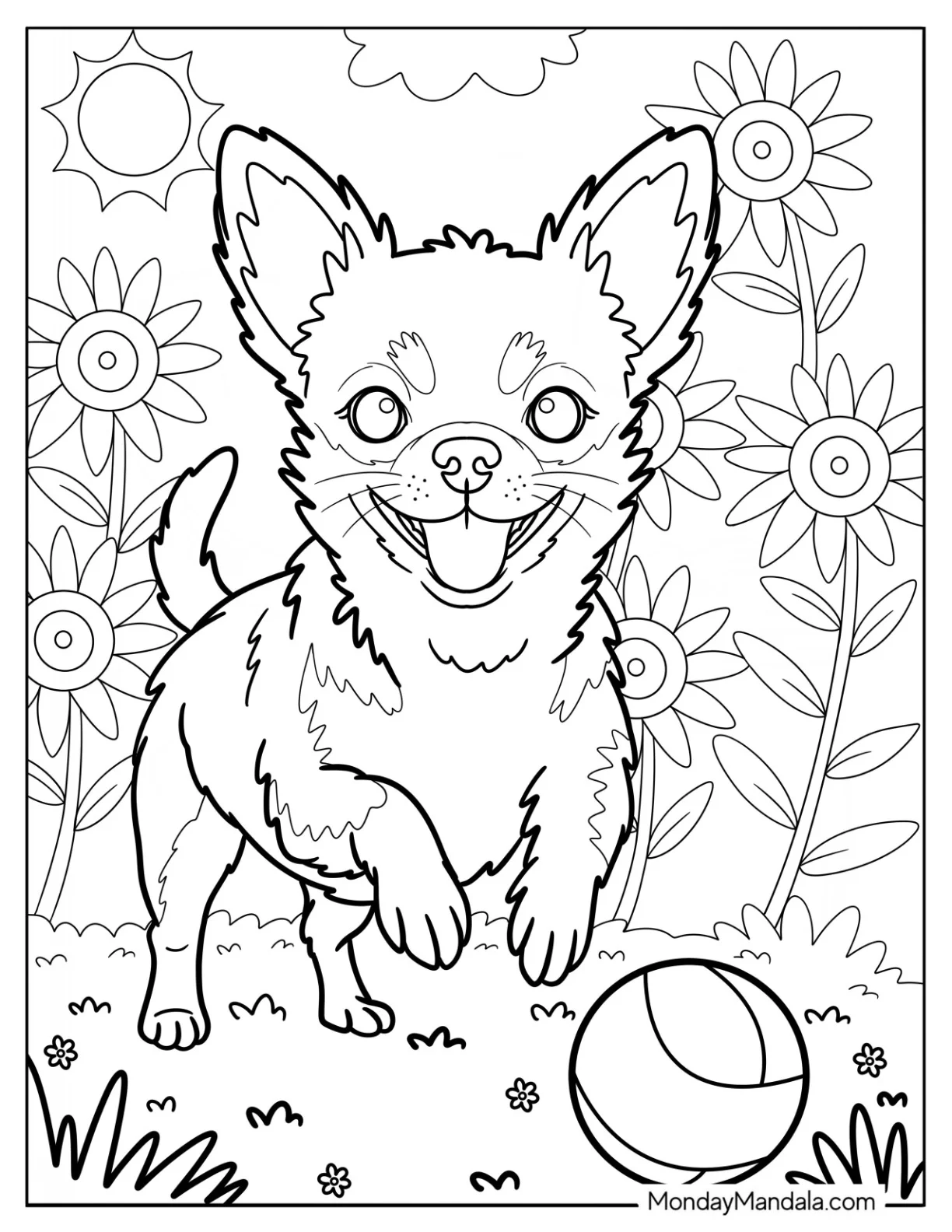 Happy Chihuahua Coloring Page Running After a Ball in a Flower Field coloring page
