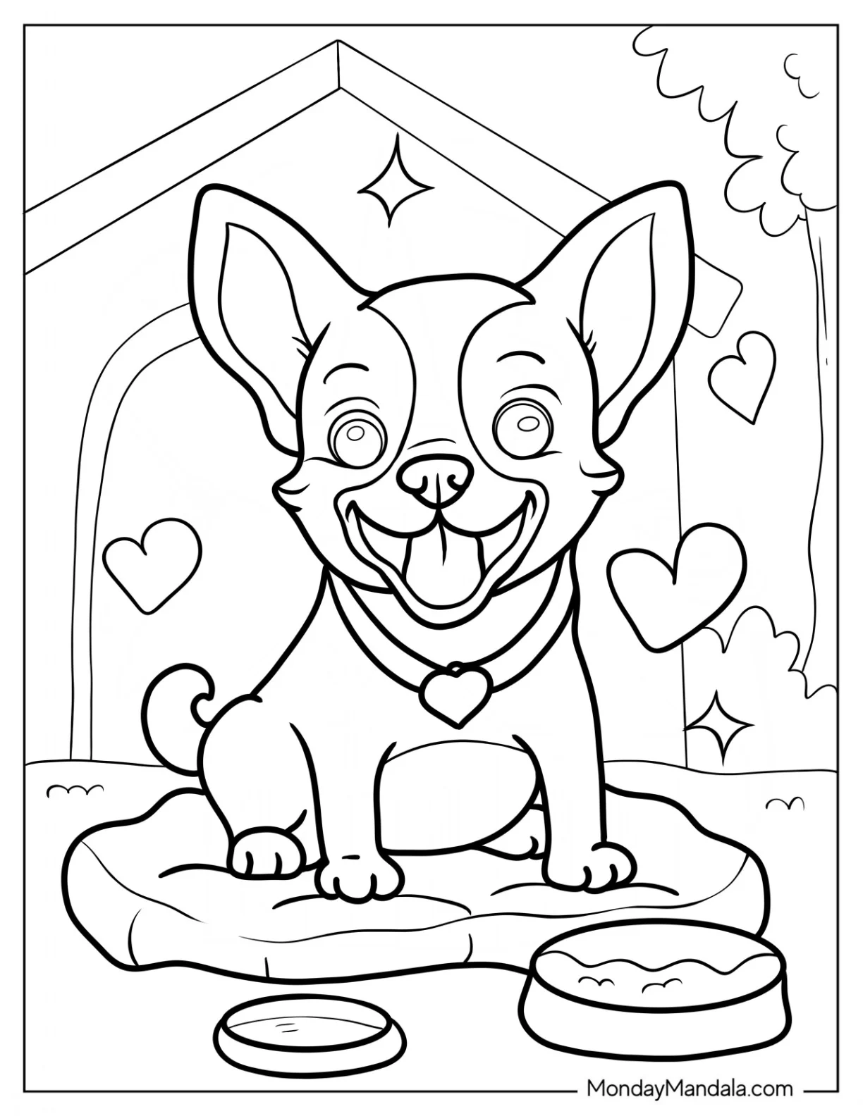 Kawaii Baby Chihuahua Coloring Page With Heart For Preschoolers coloring page — printable line art