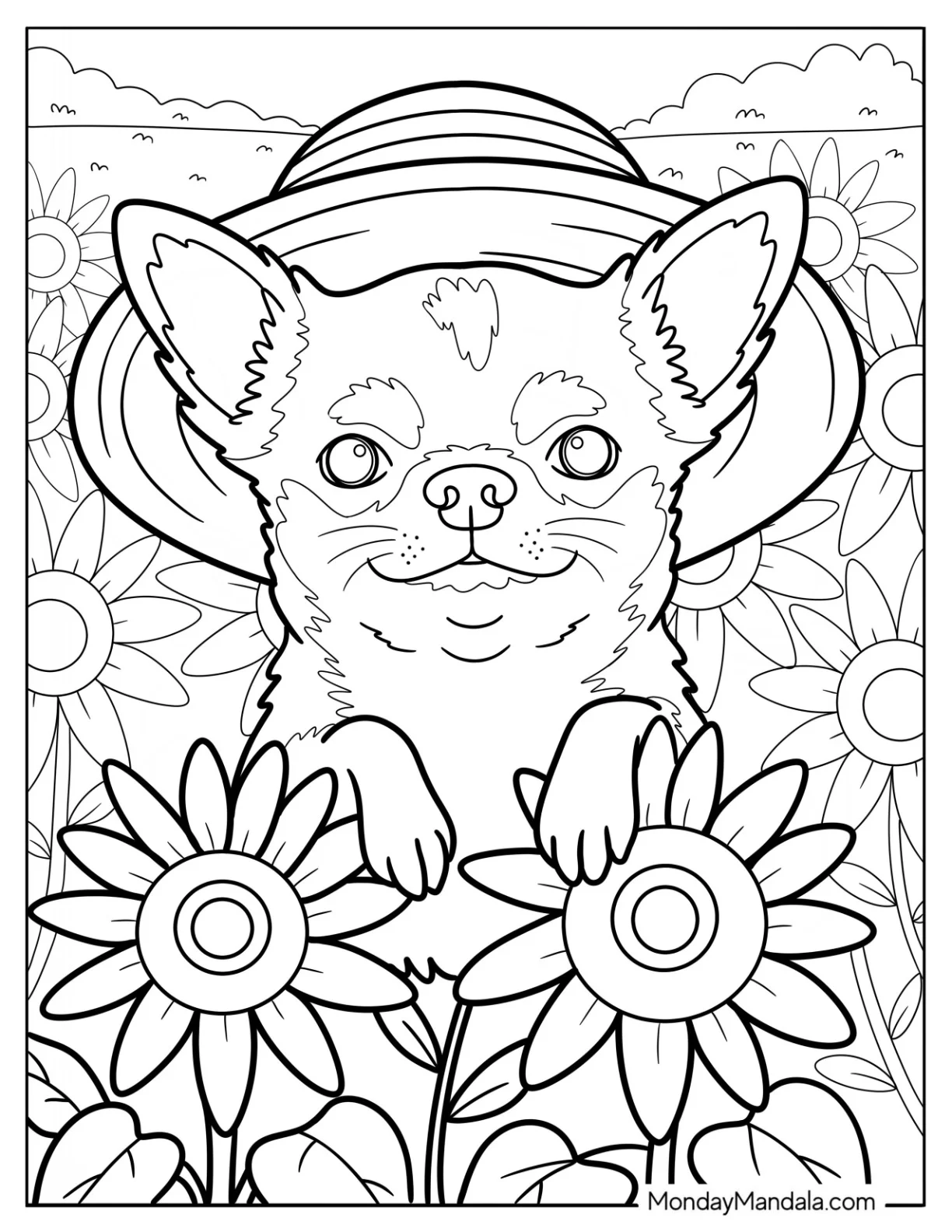 Pretty Chihuahua Coloring Page Wearing Straw Hat in a Sunflower Field coloring page