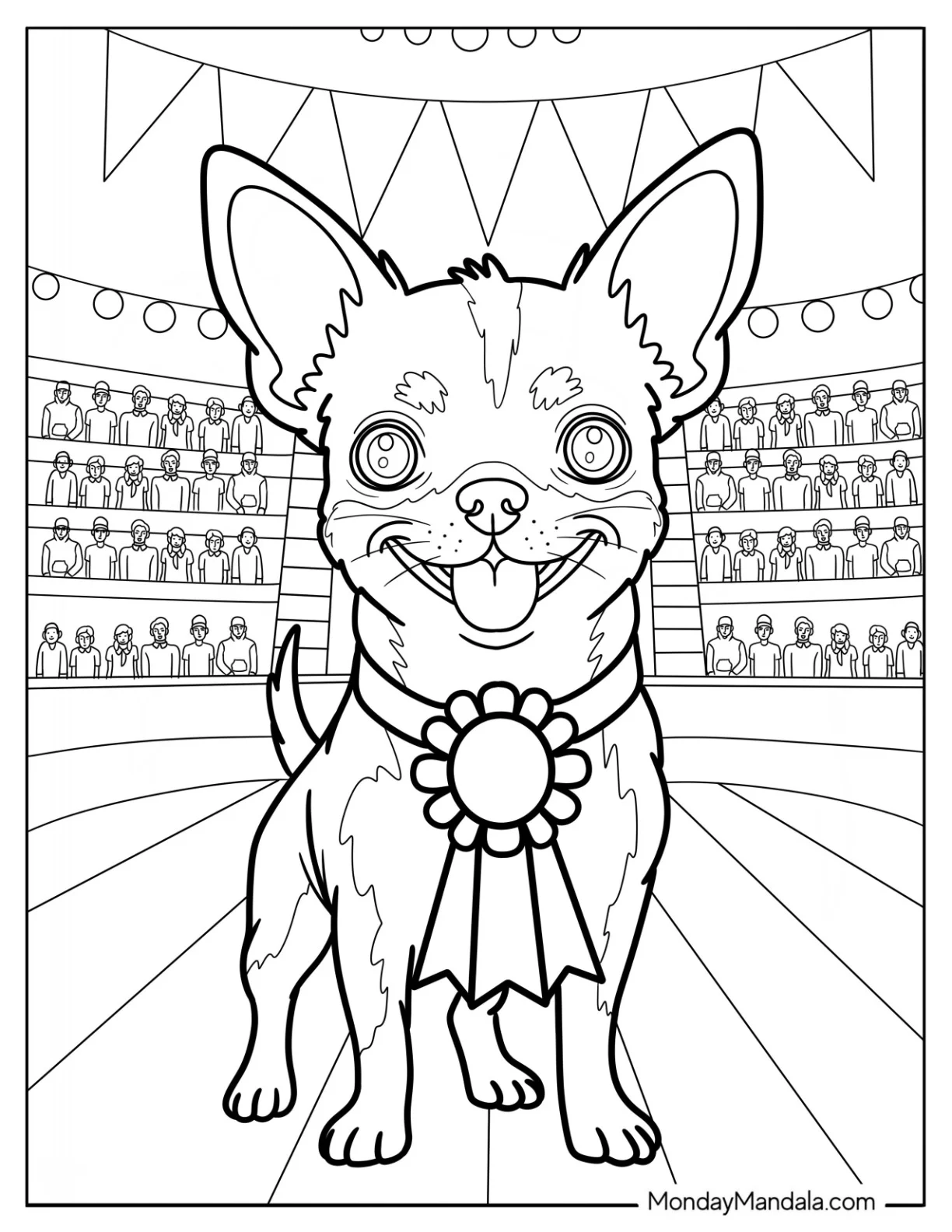 Proud Chihuahua Coloring Page in a Stadium Wearing a Ribbon coloring page