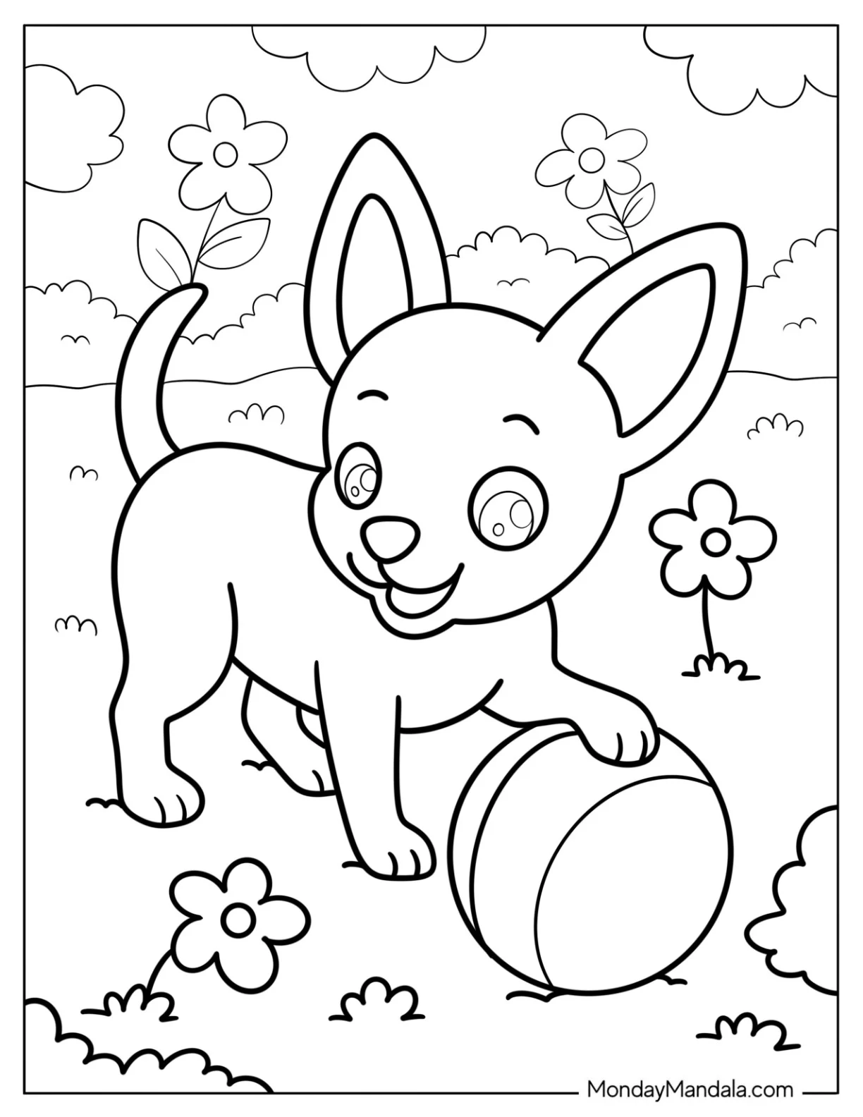 Simple Chihuahua Coloring Page Pawing a Ball in the Backyard for Preschoolers coloring page