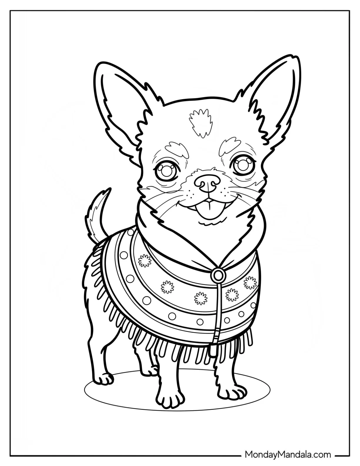 Smiling Chihuahua Coloring Page in a Pretty Poncho coloring page