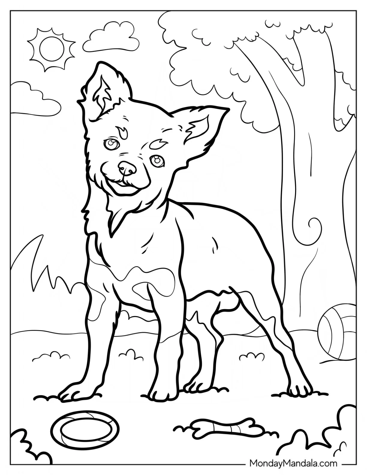 Smiling Short Hair Chihuahua Coloring Page In Backyard coloring page — printable line art
