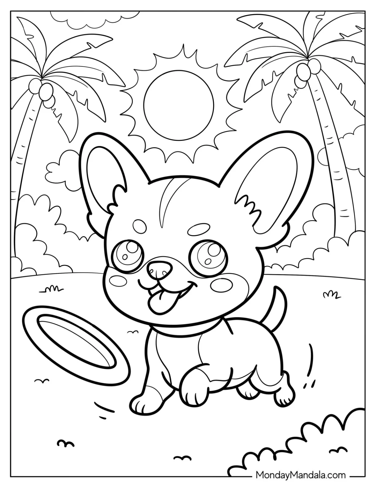 Tiny Chihuahua Coloring Page Chasing a Frisbee in the Park for Kids coloring page