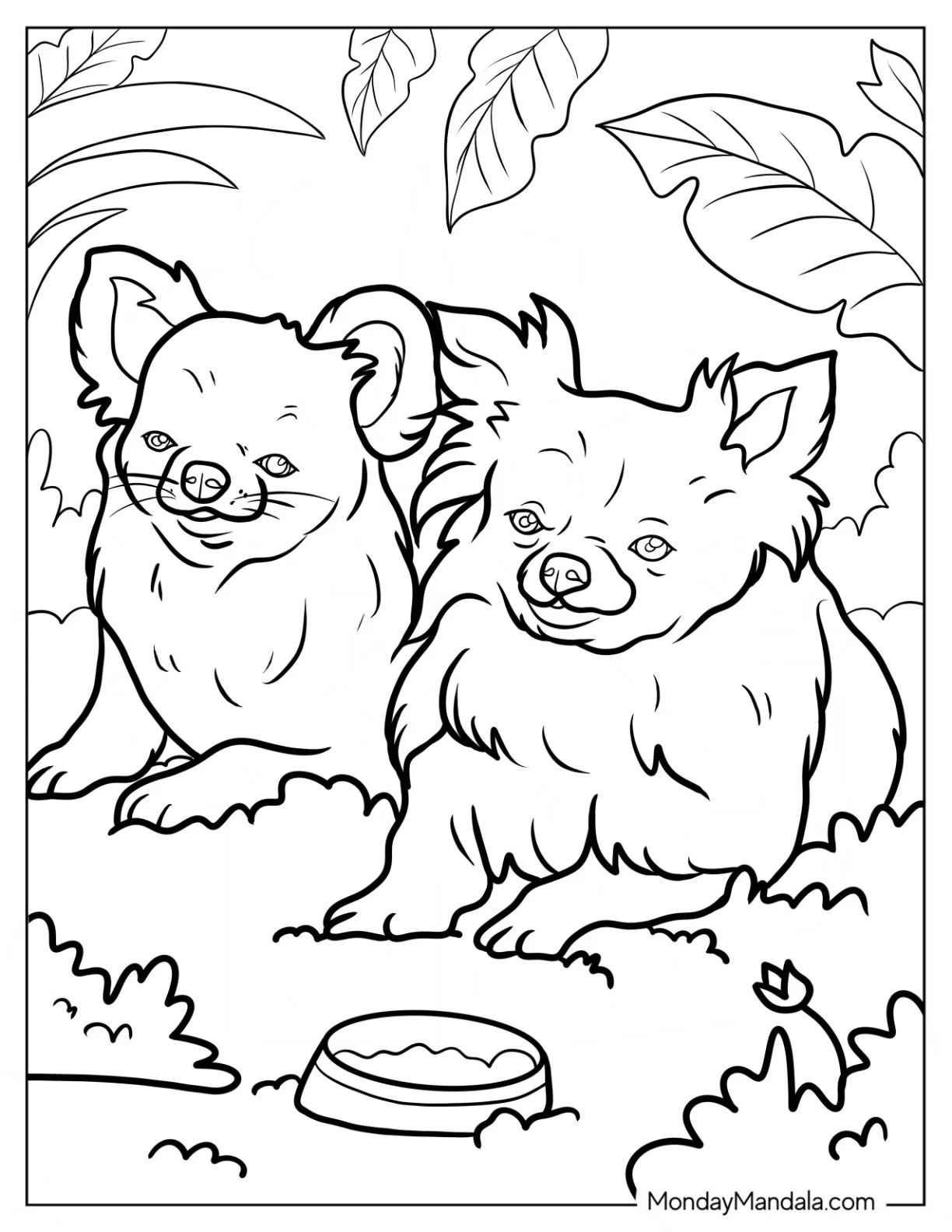 Two Furry Chihuahua Coloring Page Laying On Grass coloring page — printable line art