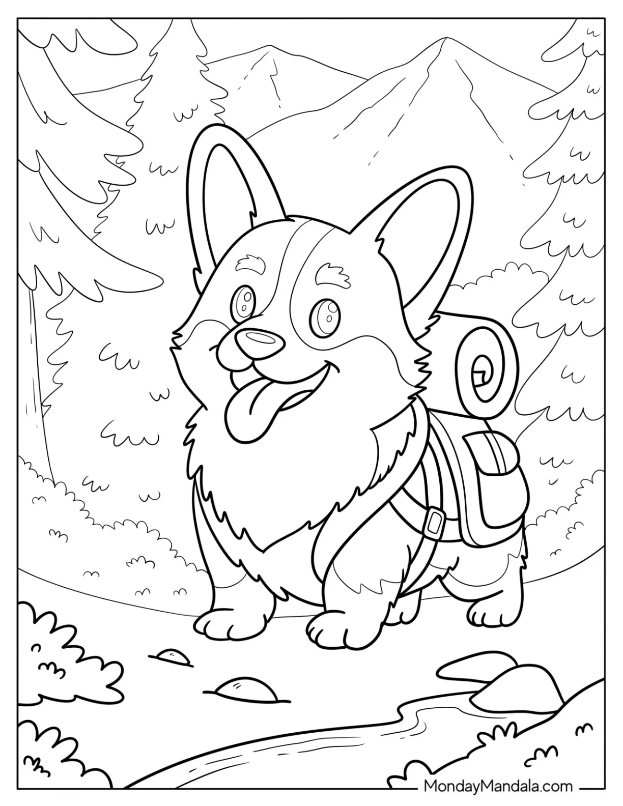 Adventurous Corgi Coloring Page Hiking in the Forest Coloring Page coloring page