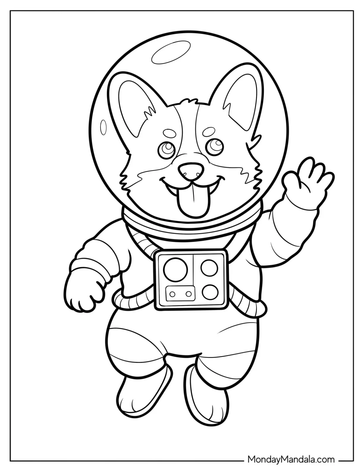 Astronaut Corgi Coloring Page Waving for Kids coloring page
