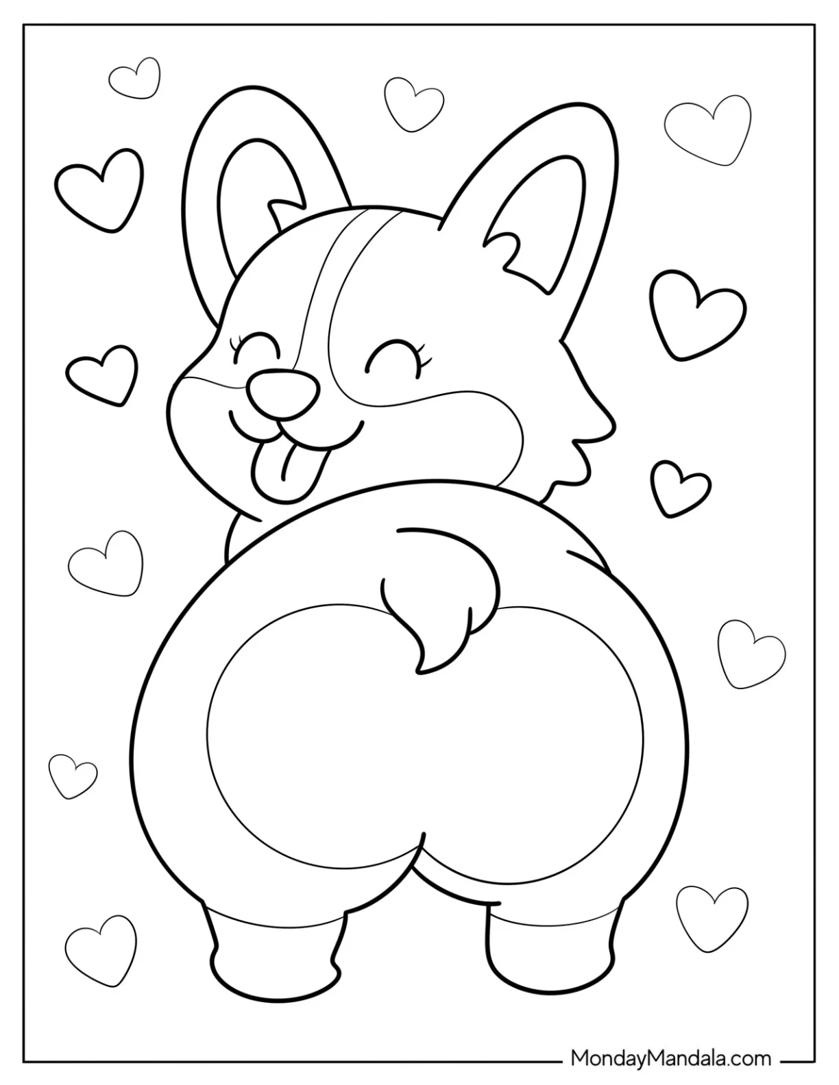Cartoon Corgi Coloring Page Splooting with Love Heart Background for Preschoolers coloring page