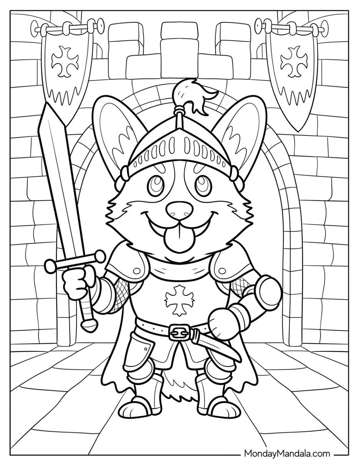 Chivalrous Knight Corgi Coloring Page Holding Sword coloring page