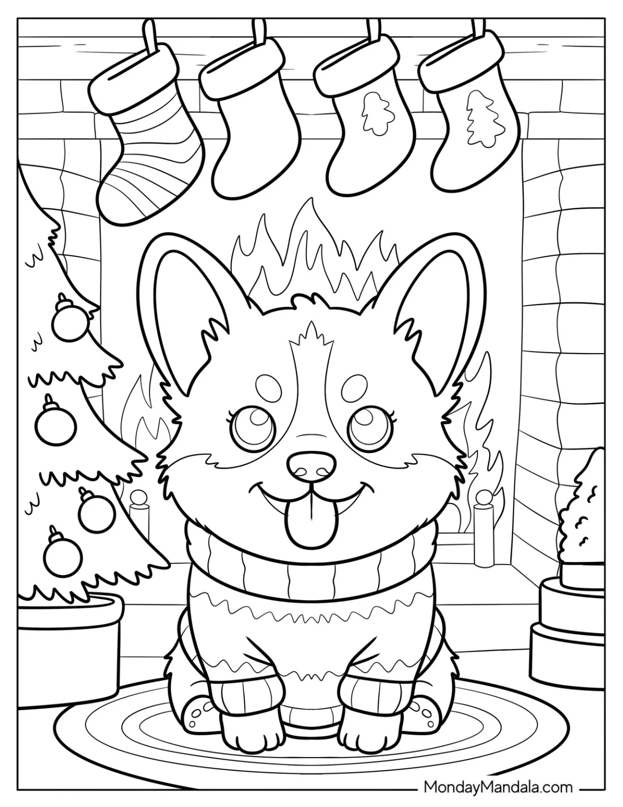 Corgi Coloring Page in a Christmas Sweater Sitting in Front of the Fireplace coloring page — printable line art