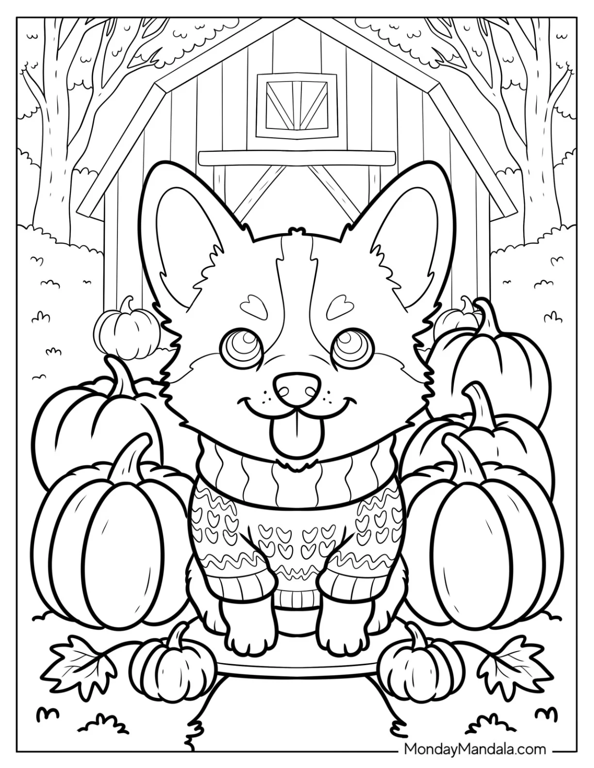 Corgi Coloring Page in a Sweater Surrounded by Pumpkins coloring page — printable line art