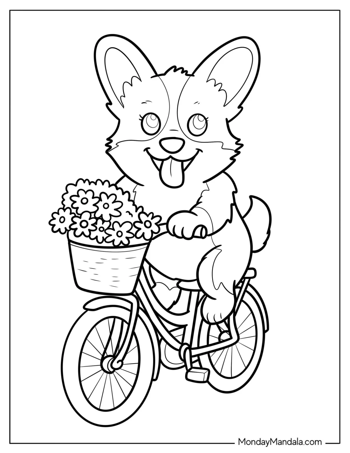 Corgi Coloring Page Riding a Bicycle with Flower Basket for Kids coloring page