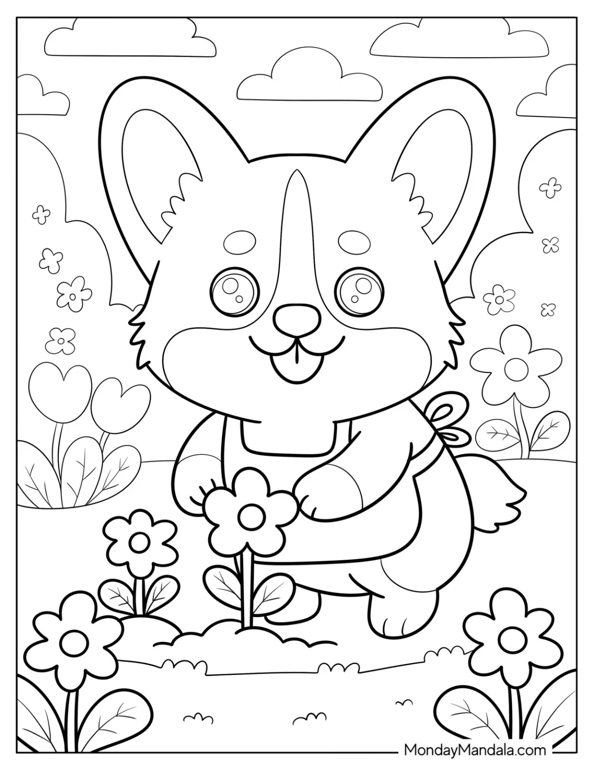 Corgi Coloring Page with Apron Gardening coloring page — printable line art