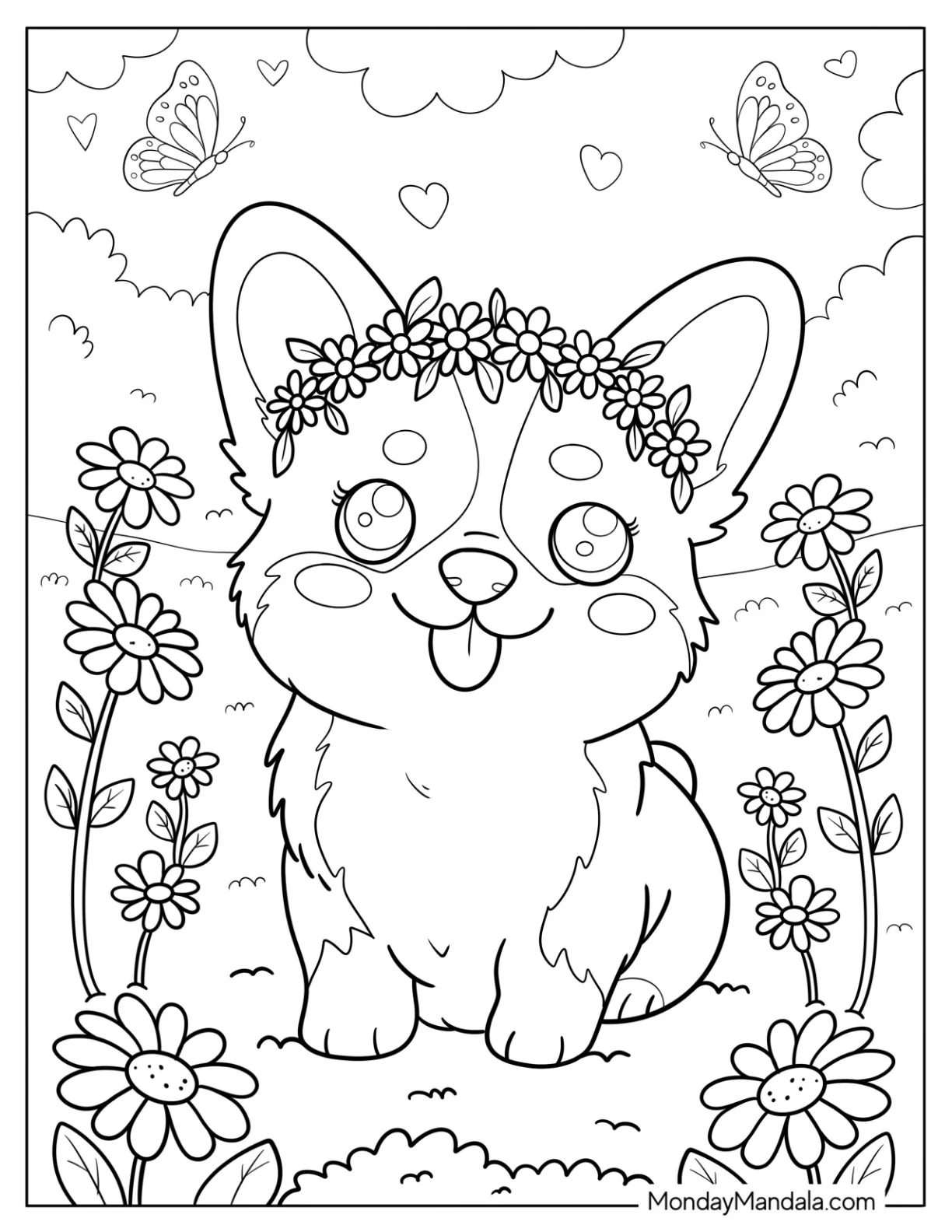 Corgi Coloring Page with Flower Crown Sitting in a Garden with Butterflies coloring page — printable line art