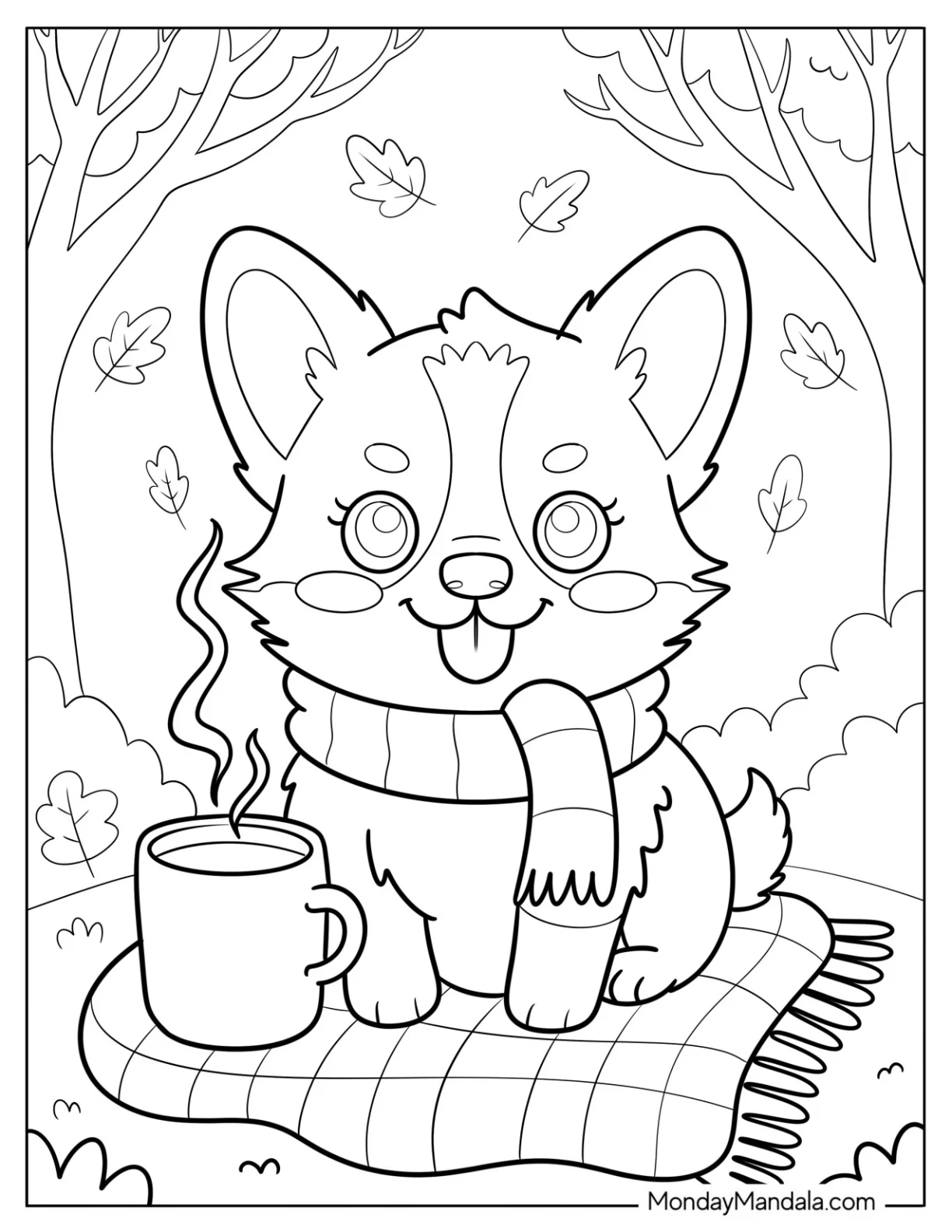Corgi Coloring Page with Scarf Enjoying Hot Drink on a Picnic Mat coloring page — printable line art