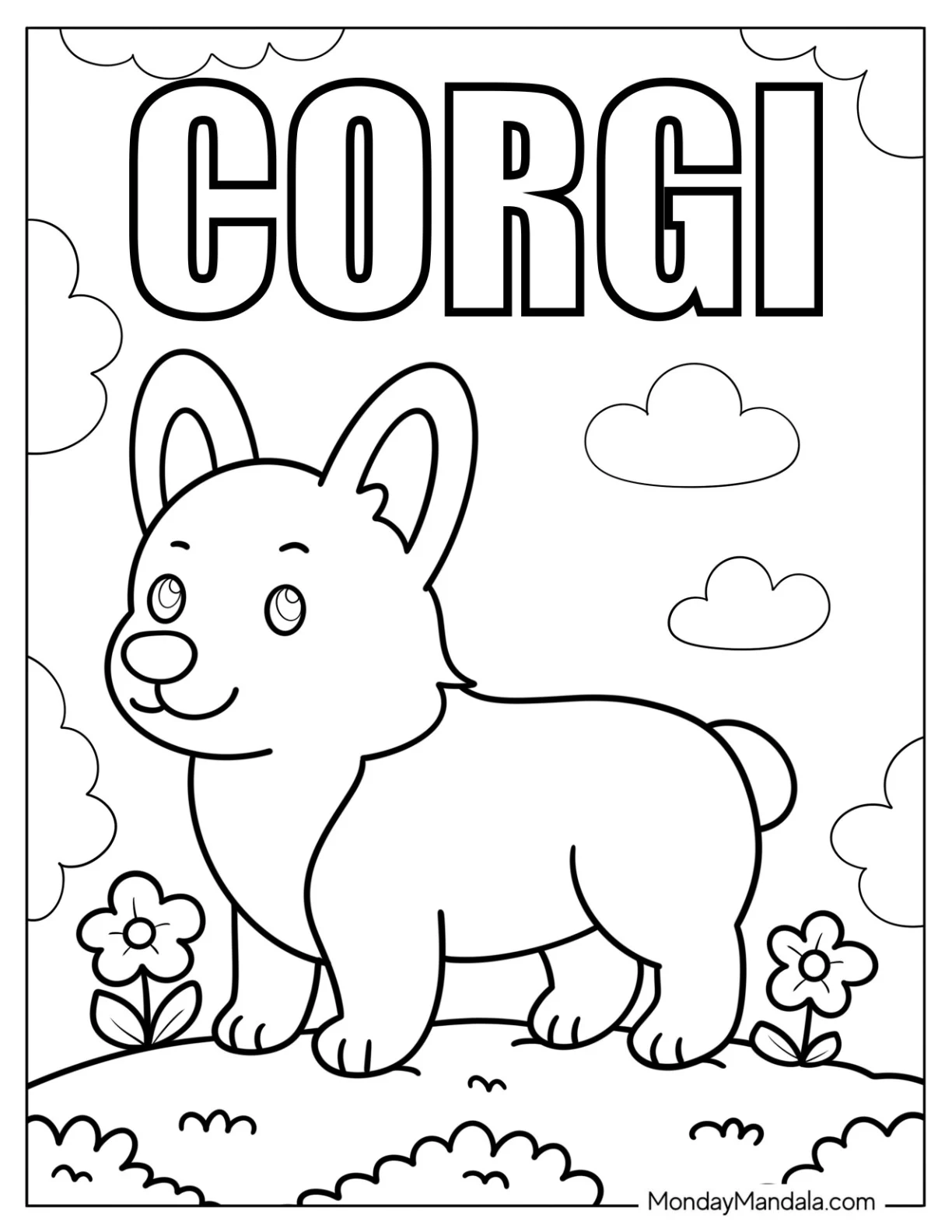 Easy Corgi Coloring Page Standing on a Hill with Text in the Sky for Preschoolers coloring page