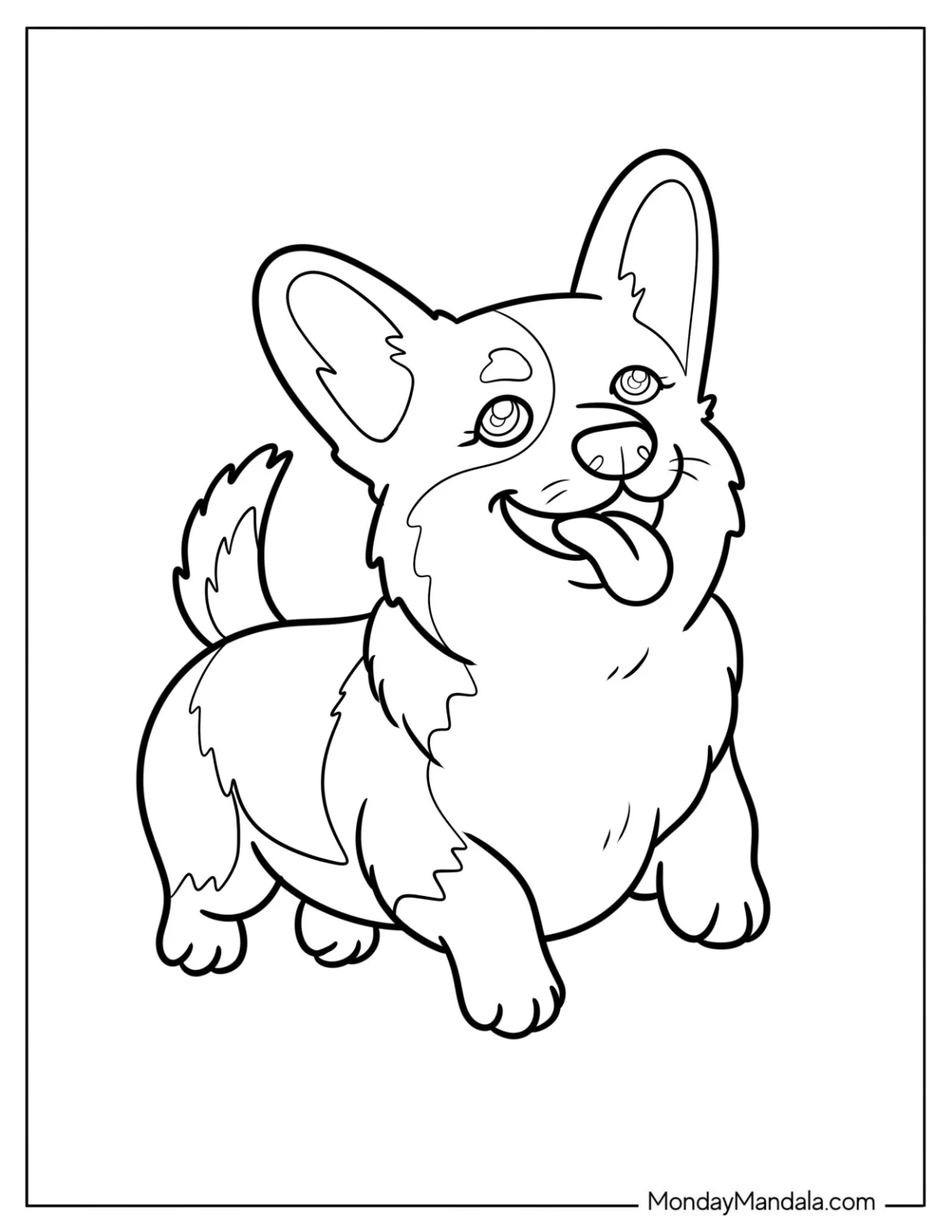 Fluffy Corgi Coloring Page Running with Tongue Out coloring page — printable line art