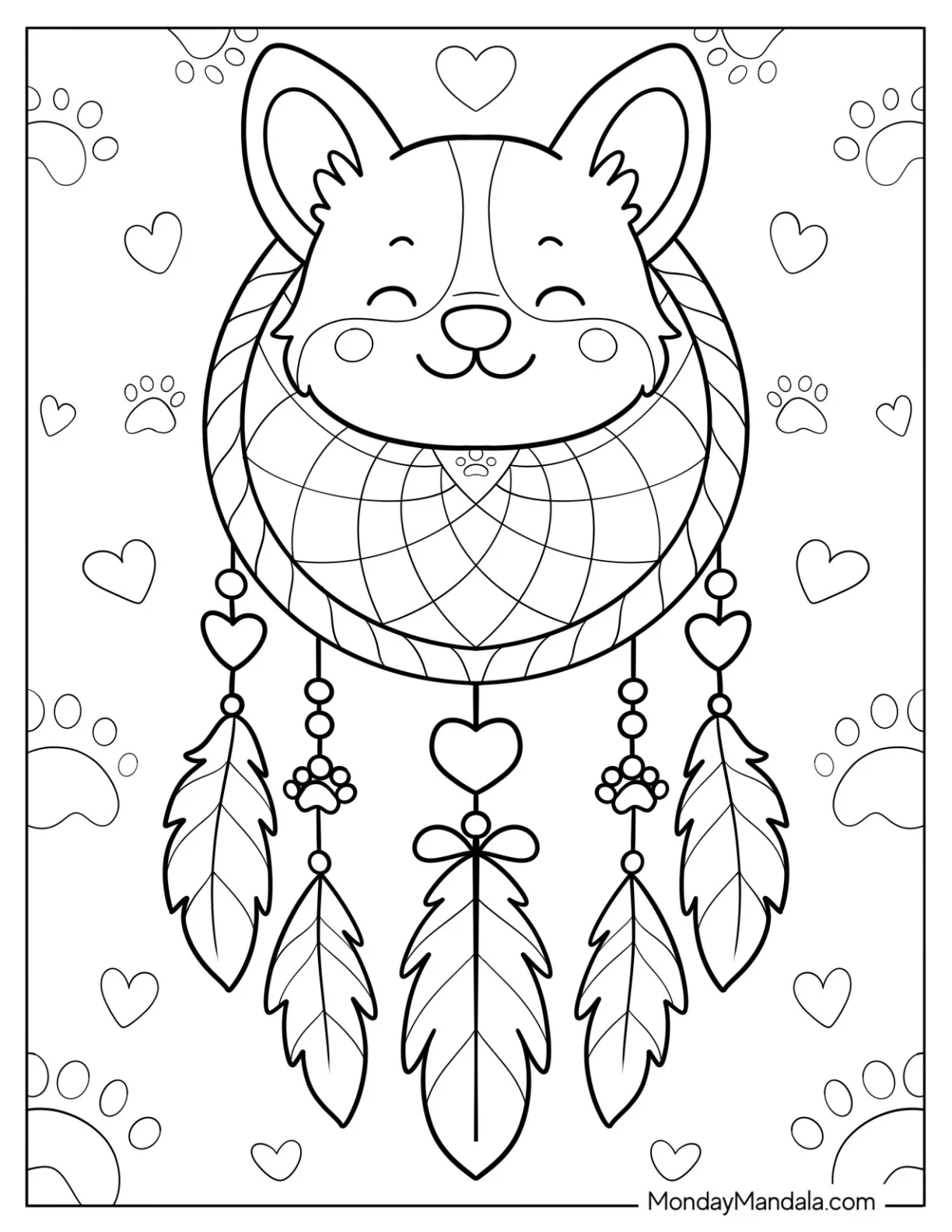 Kawaii Corgi Coloring Page Dreamcatcher with Love Heart Beads and Feathers coloring page