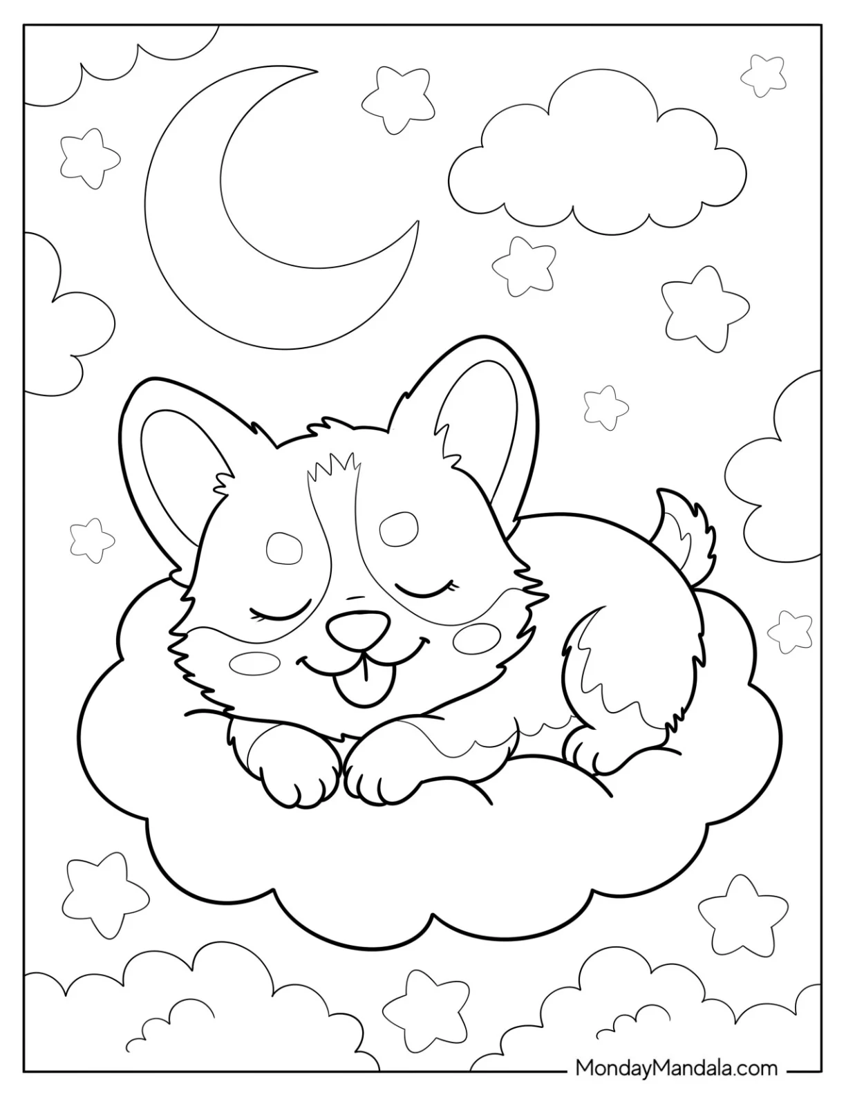 Peaceful Corgi Coloring Page Sleeping on a Cloud coloring page