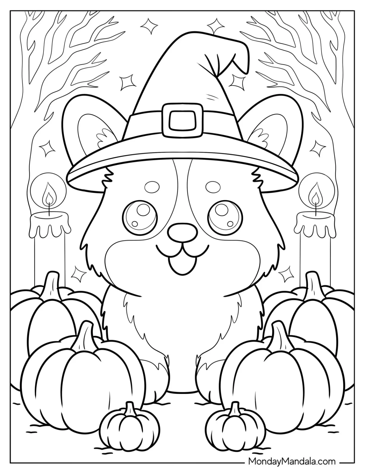 Pilgrim Corgi Coloring Page with Pumpkins and Candles coloring page