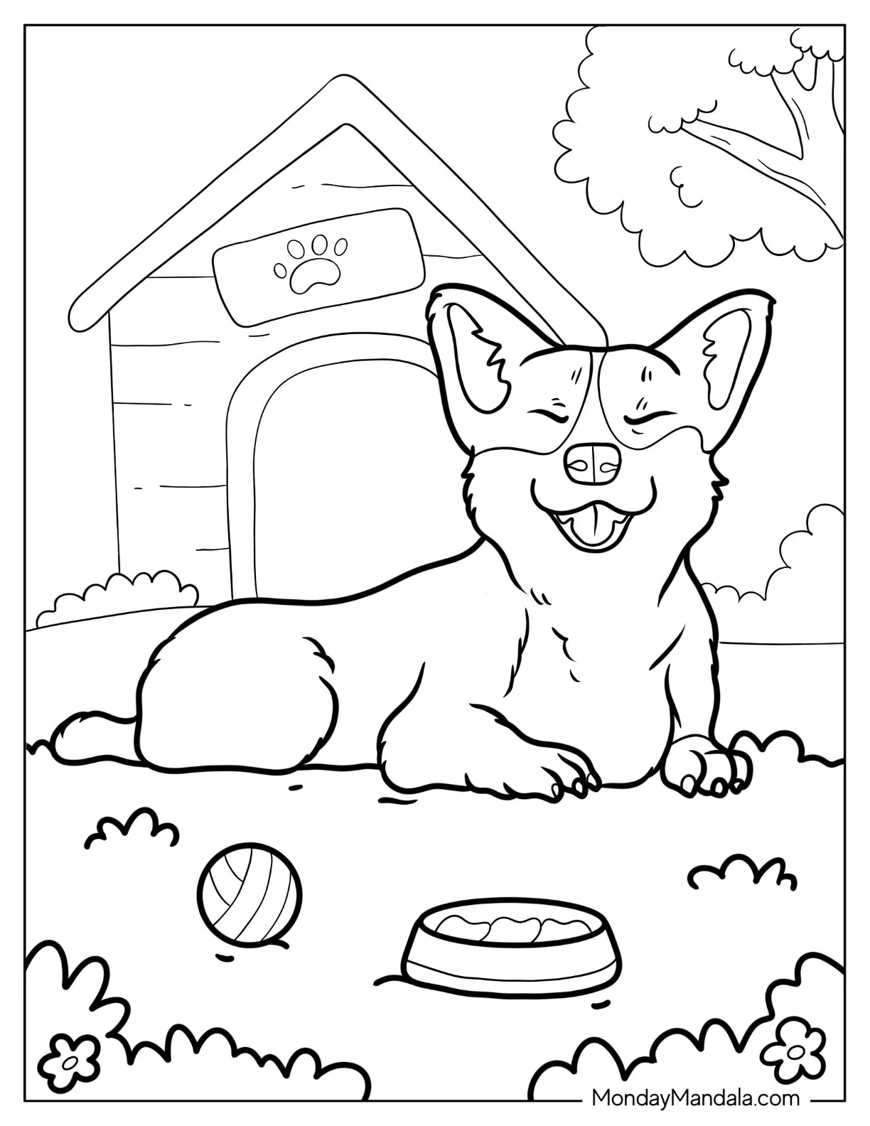 Smiling Corgi Coloring Page Lying Outside Dog House coloring page