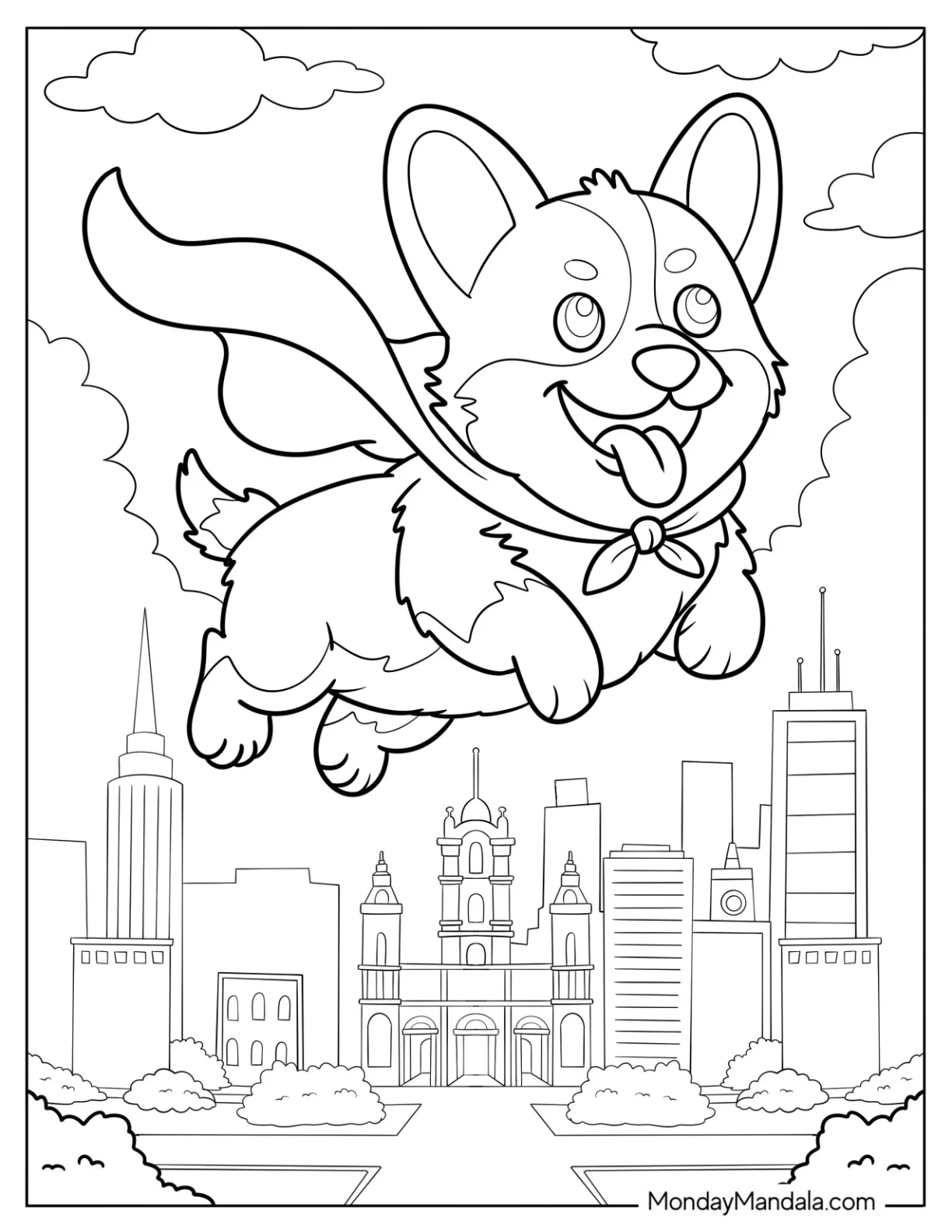 Superhero Corgi Coloring Page Flying Over the City for Kids coloring page