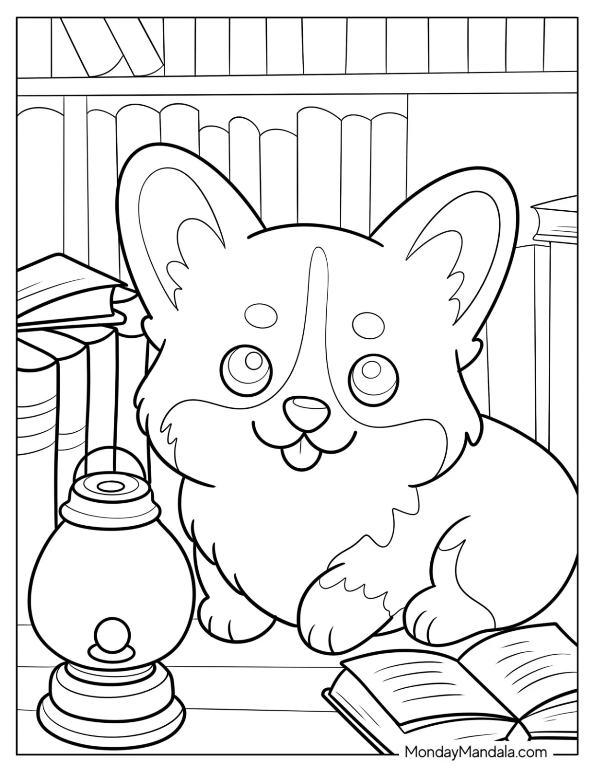 Tiny Corgi Coloring Page Reading Book by Lamplight for Preschoolers coloring page