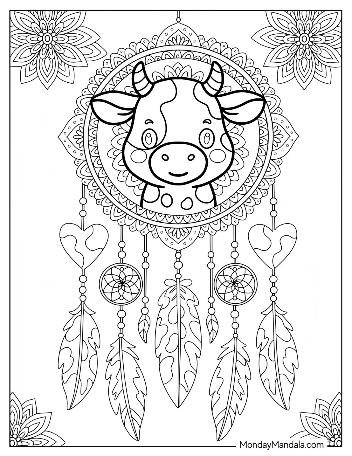 Adorable Cow Coloring Page In Dreamcatcher Mandala With Feathers coloring page — printable line art