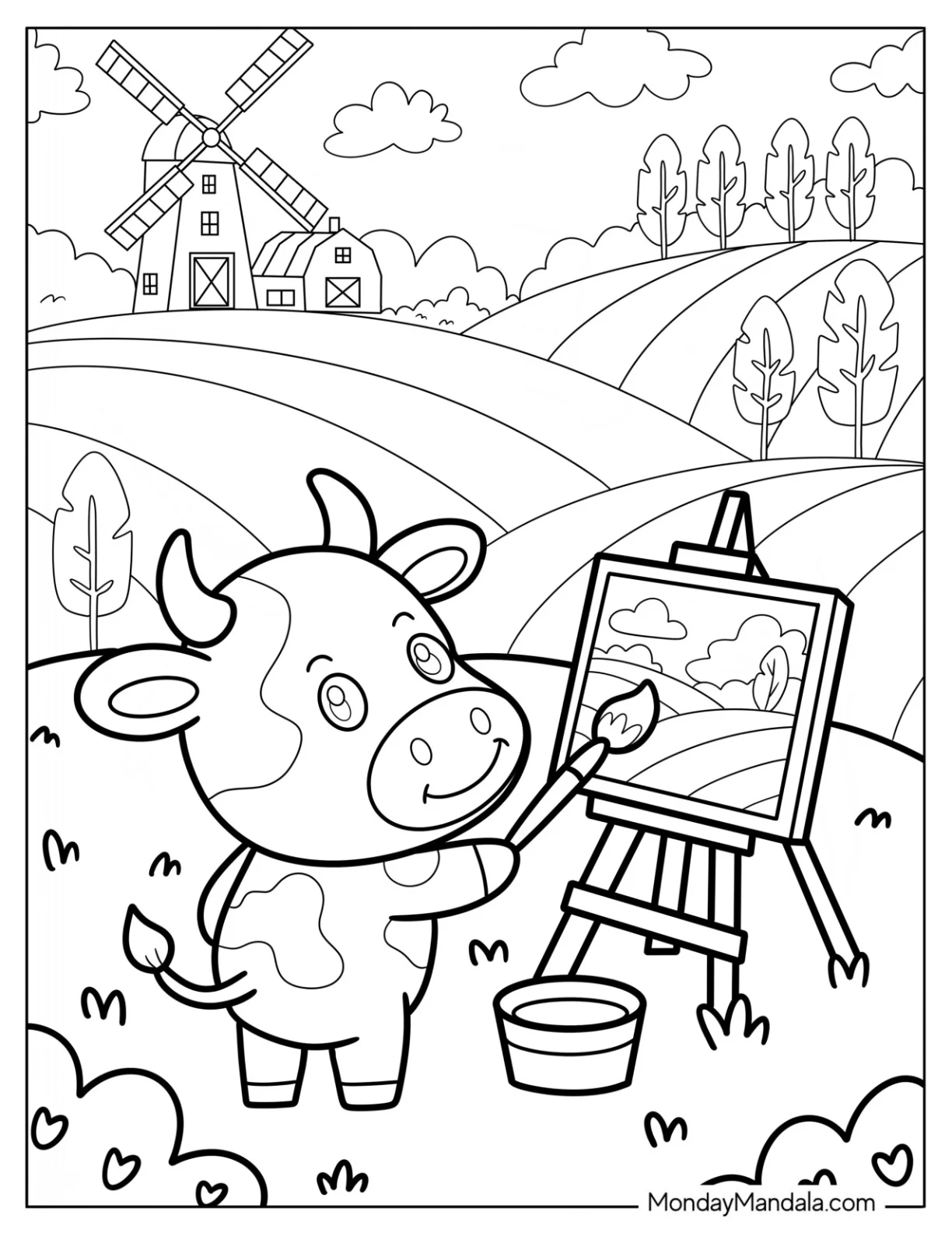 Artistic Cow Coloring Page Painting A Scenic Farm Landscape for Kids coloring page