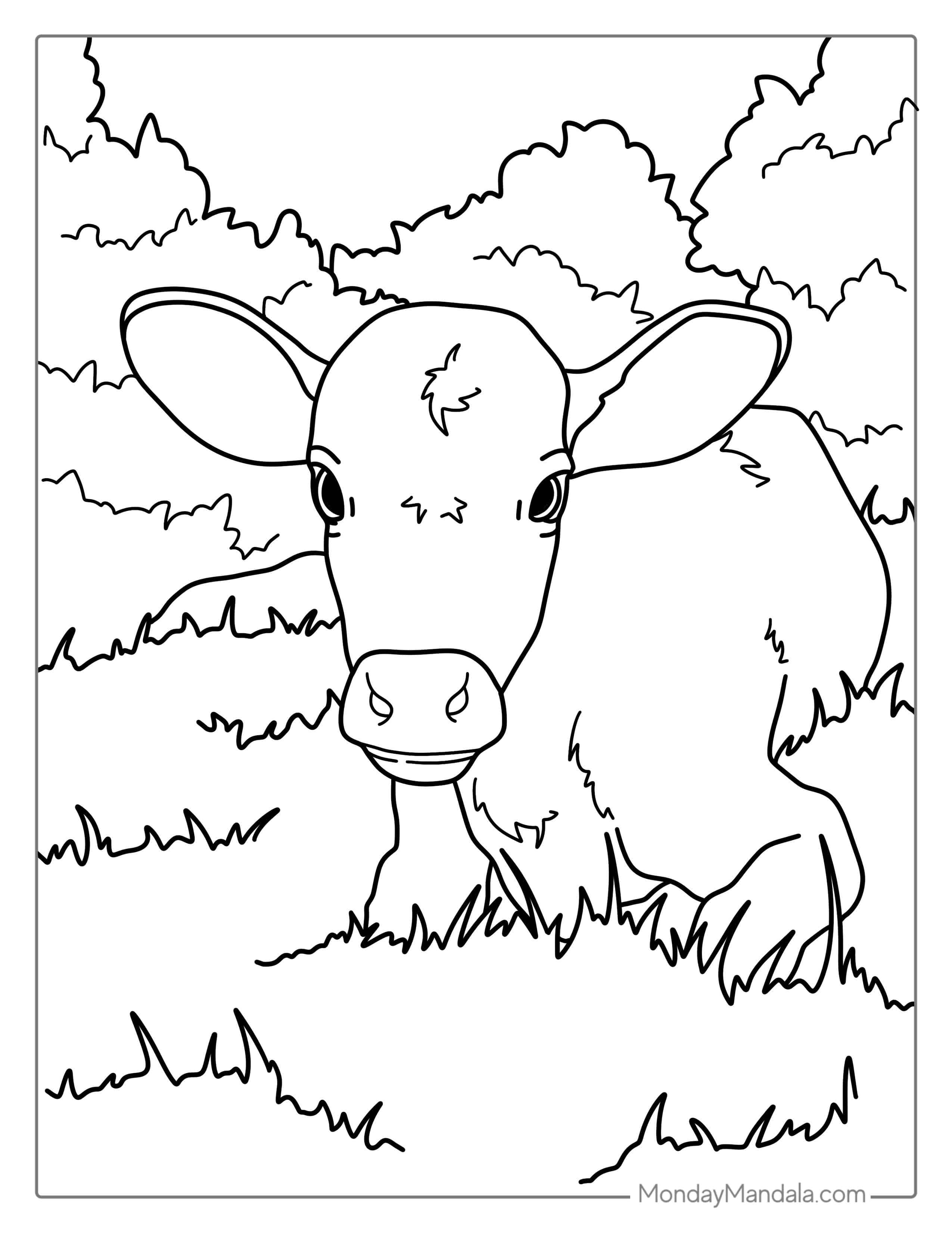 Baby Cow Resting In Grass Coloring Page coloring page — printable line art
