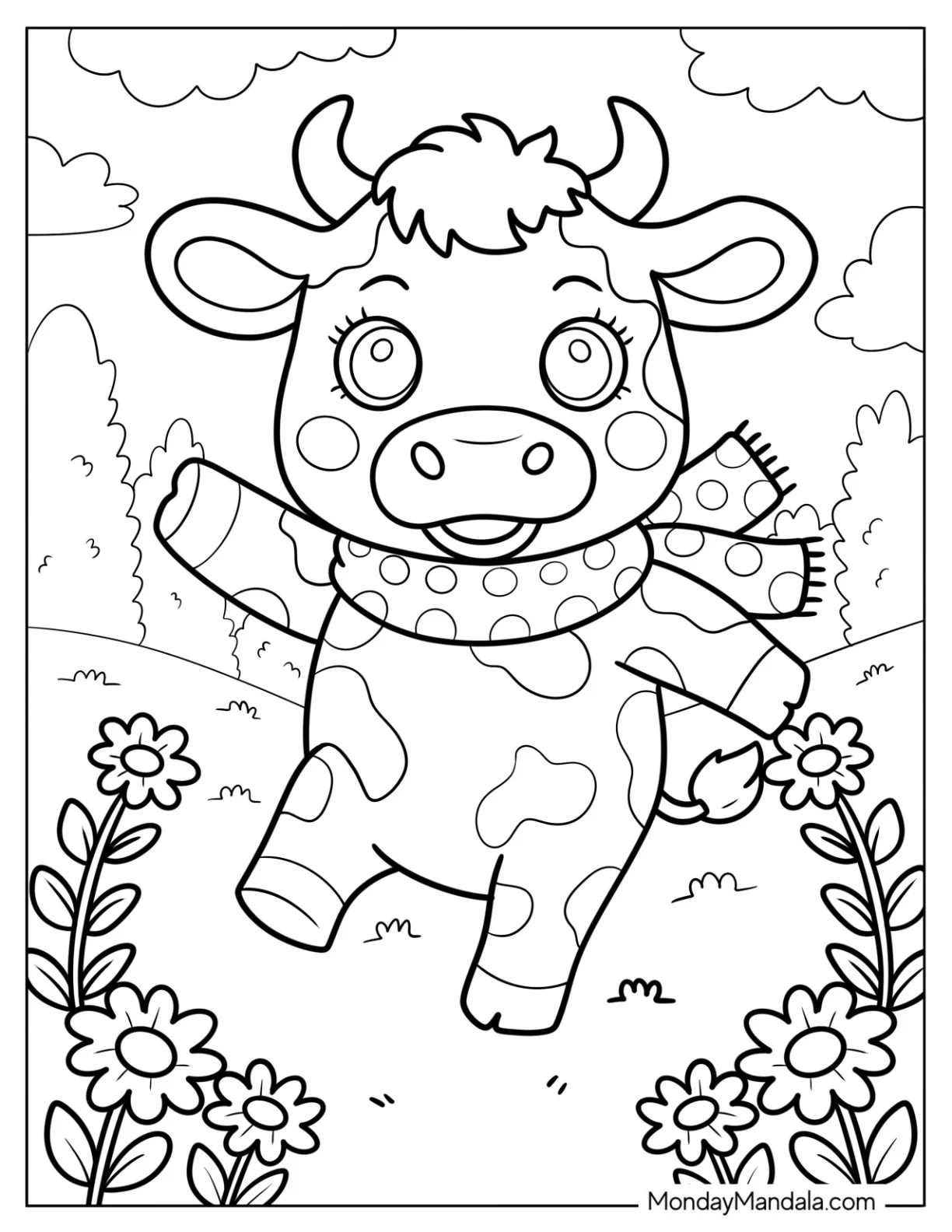 Cartoon Cow Coloring Page with Polka Dot Scarf Playing In A Sunny Field coloring page