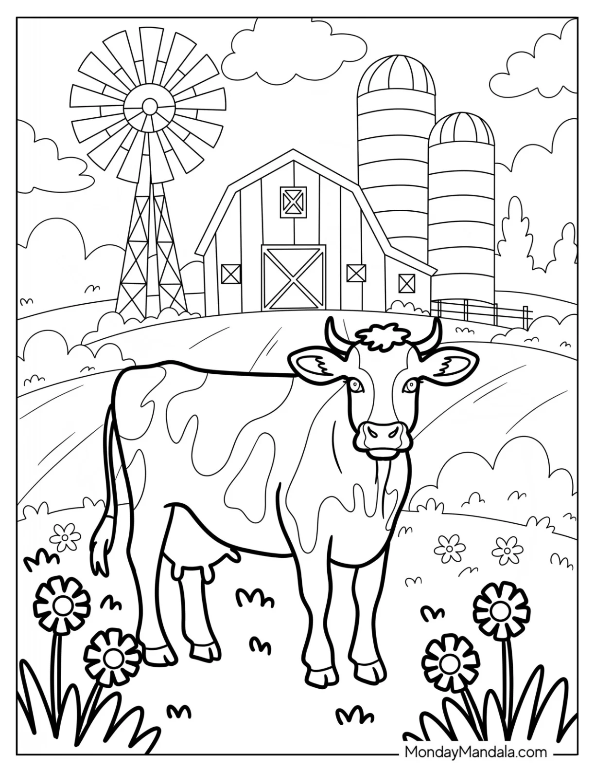 Country Cow With Barn, Silo, And Windmill In Background Coloring Page coloring page