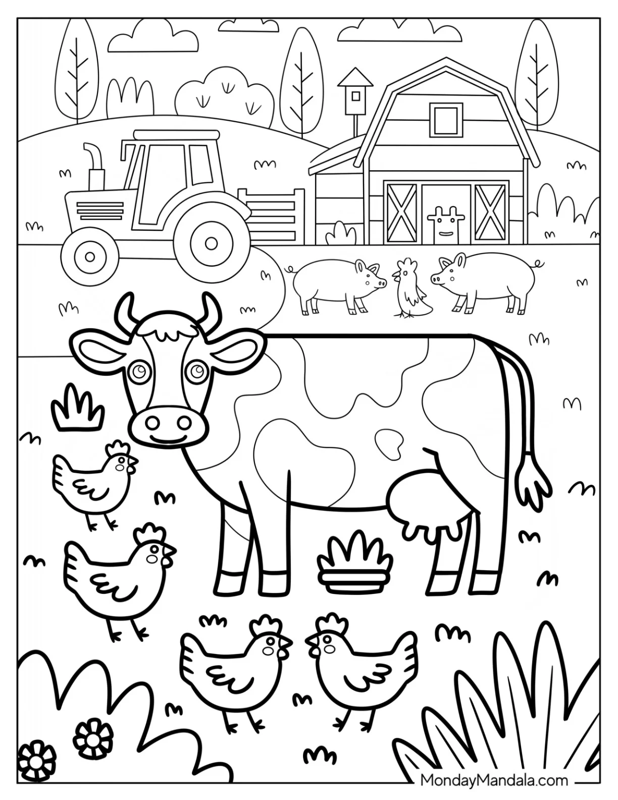 Cow Coloring Page And Chickens On A Busy Farm With Tractor And Barn for Kids coloring page
