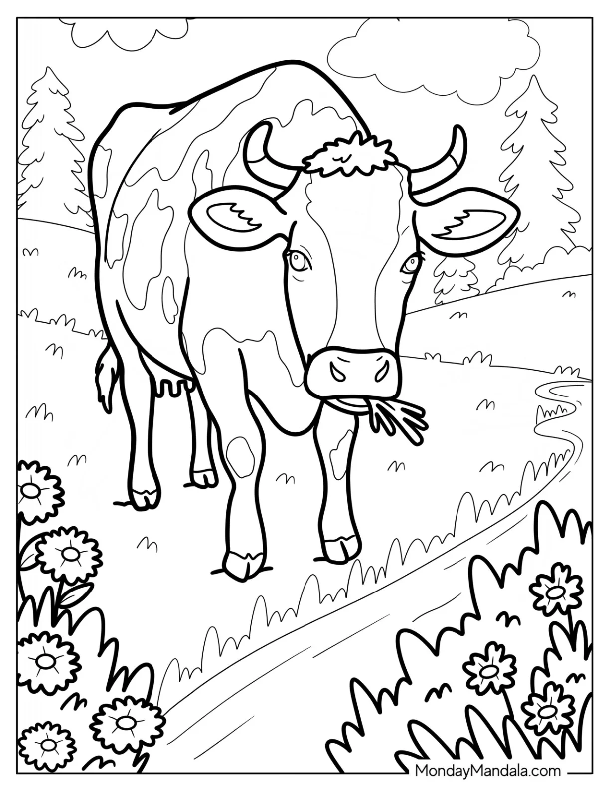 Cow Coloring Page Chewing Grass Near A Winding Stream And Blooming Field coloring page