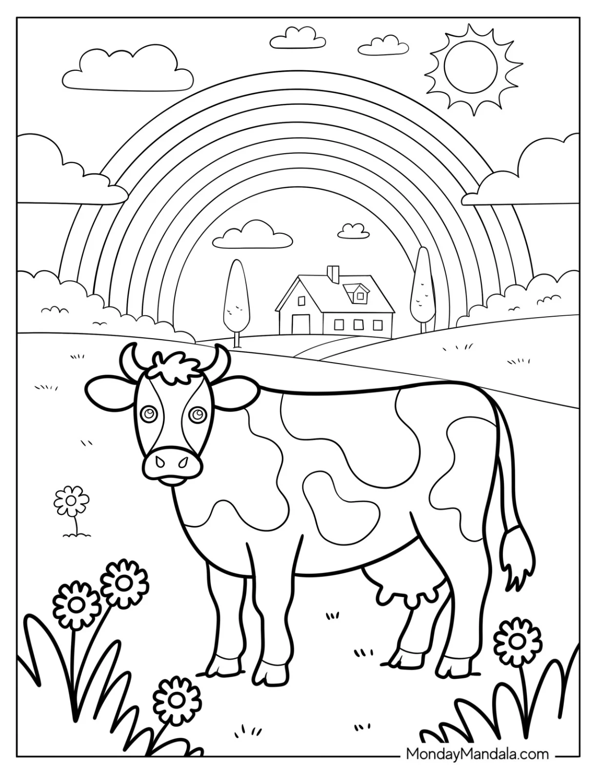 Cow Coloring Page Standing In A Meadow With Rainbow And Farmhouse coloring page