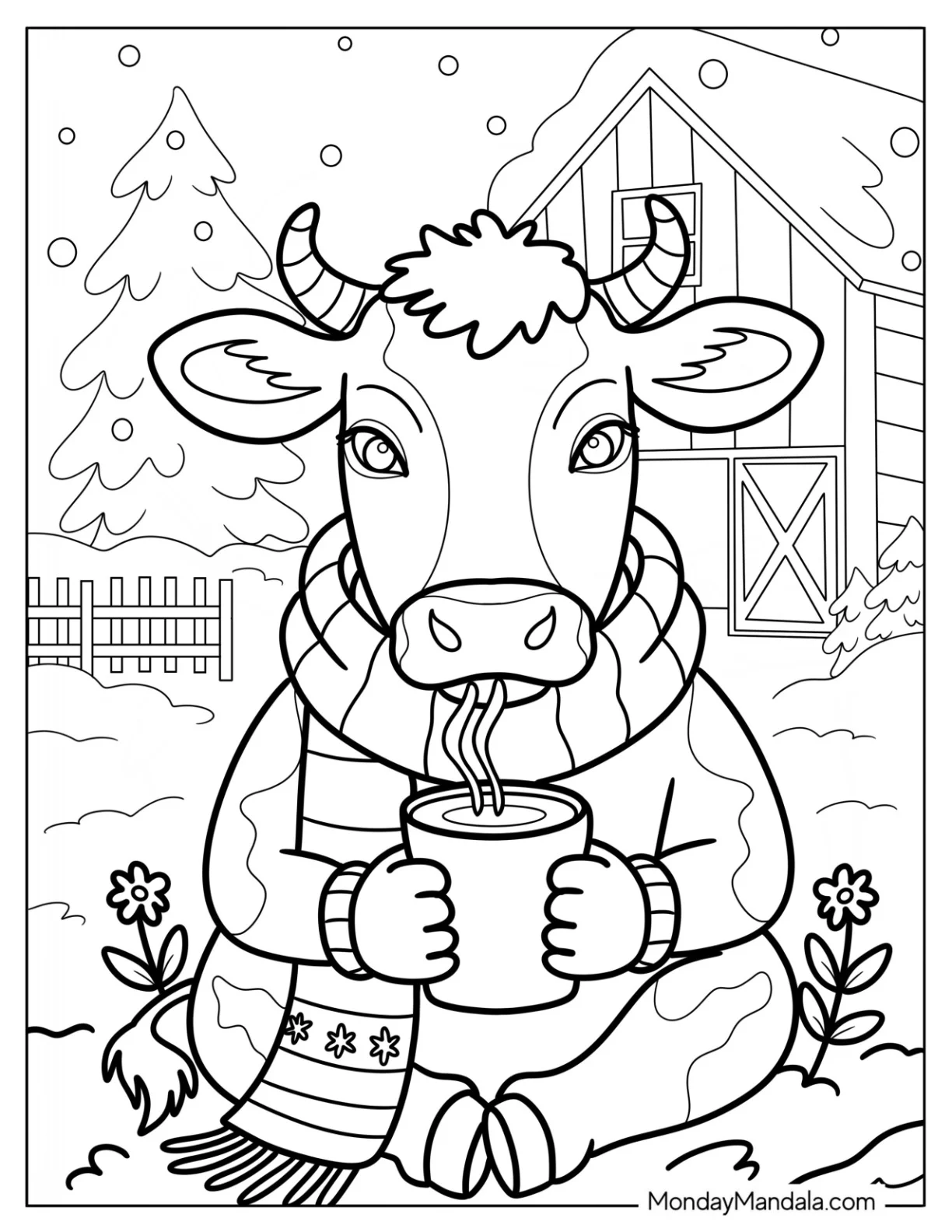 Cozy Winter Cow Coloring Page Sipping Hot Cocoa On A Snowy Farm coloring page