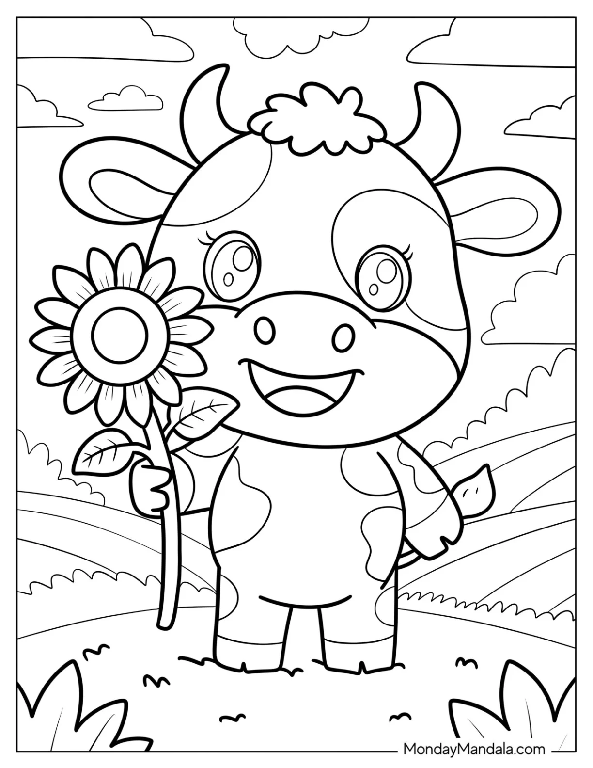 Cute Baby Cow Coloring Page In The Countryside Holding A Flower for Preschoolers coloring page