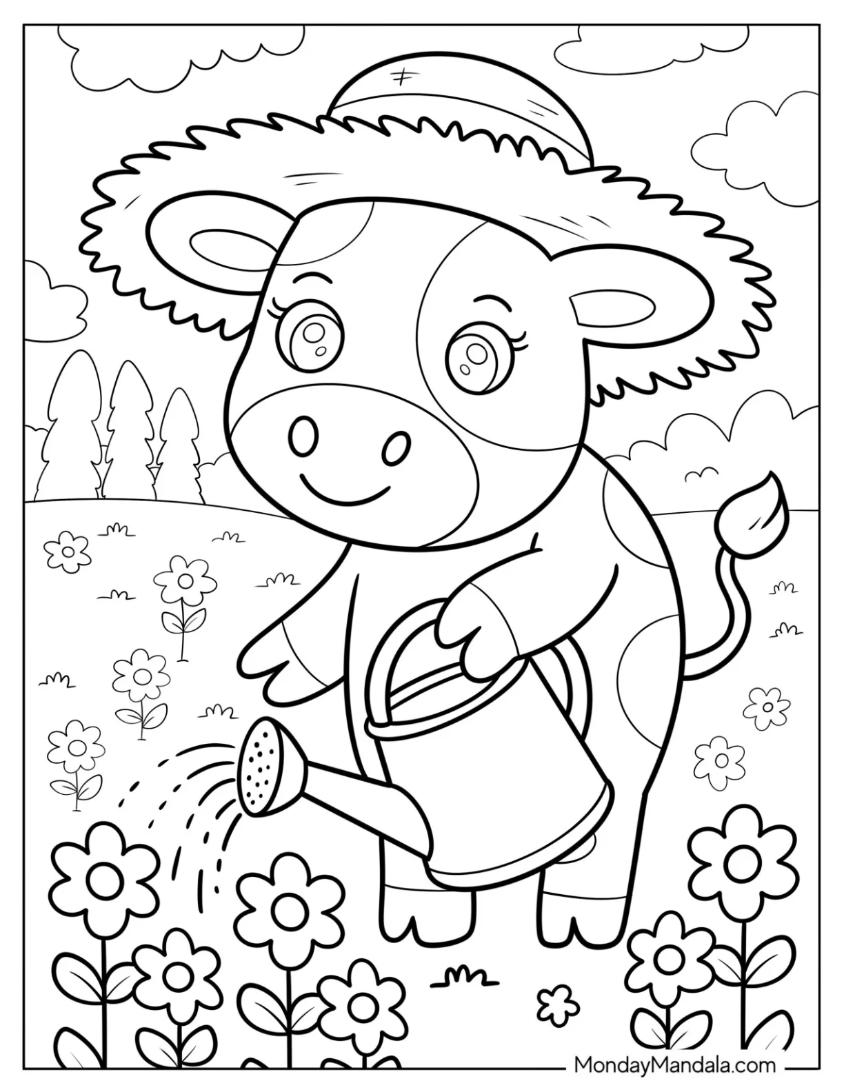 Cute Cow Coloring Page Watering Flowers In A Sunny Garden for Kids coloring page