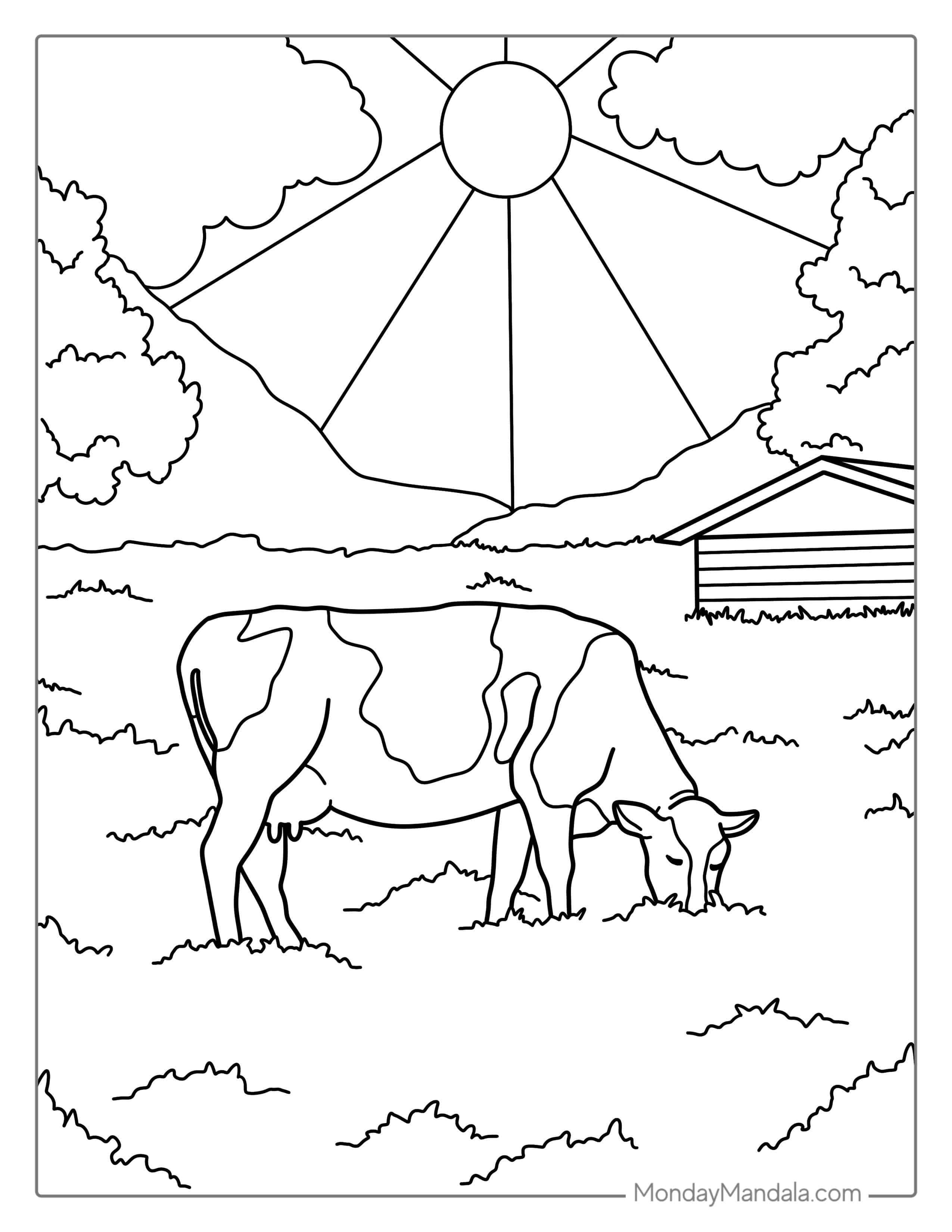 Daisy Cow Grazing In Field Coloring Page coloring page — printable line art