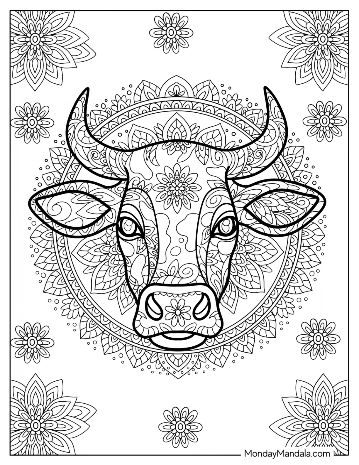 Decorative Cow Coloring Page Head With Mandala Flowers coloring page