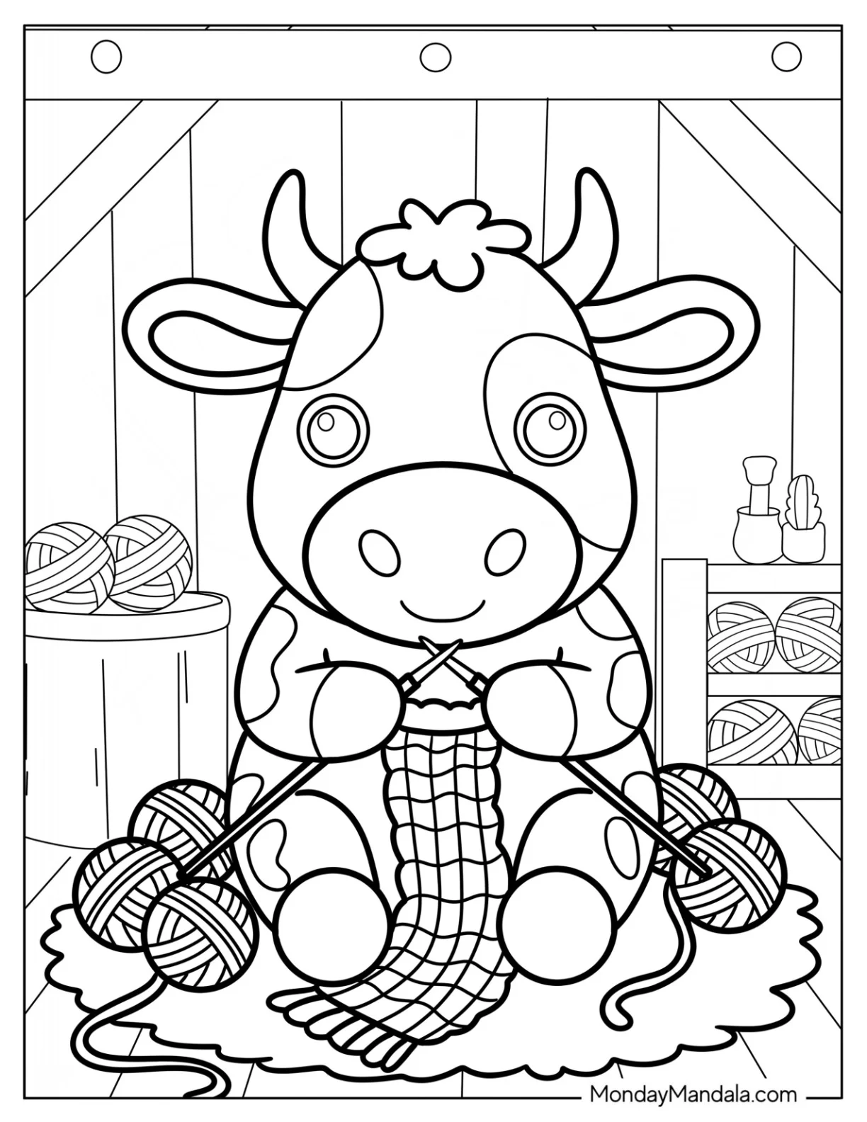 Farm Cow Coloring Page Making A Scarf Surrounded By Yarn And Cushions for Preschoolers coloring page