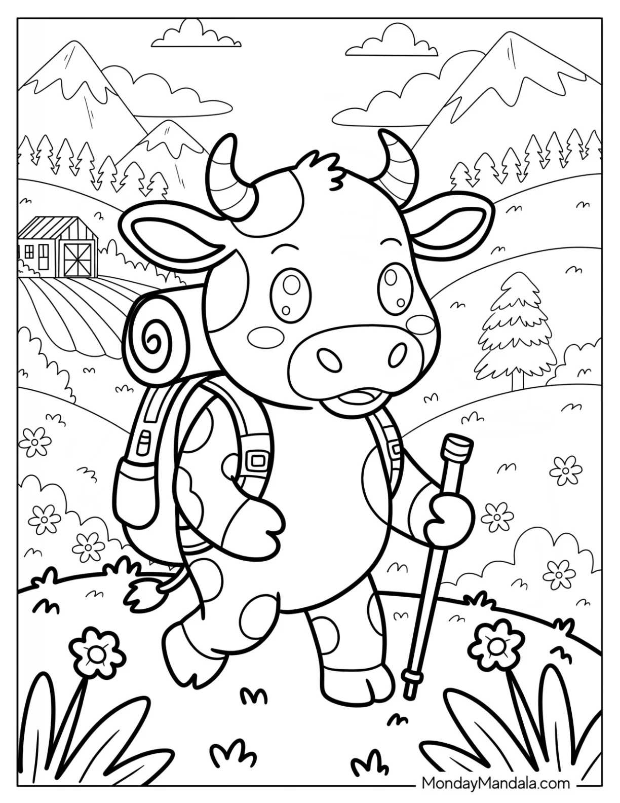 Hiking Cow Coloring Page With Backpack In Scenic Mountain Valley for Kids coloring page