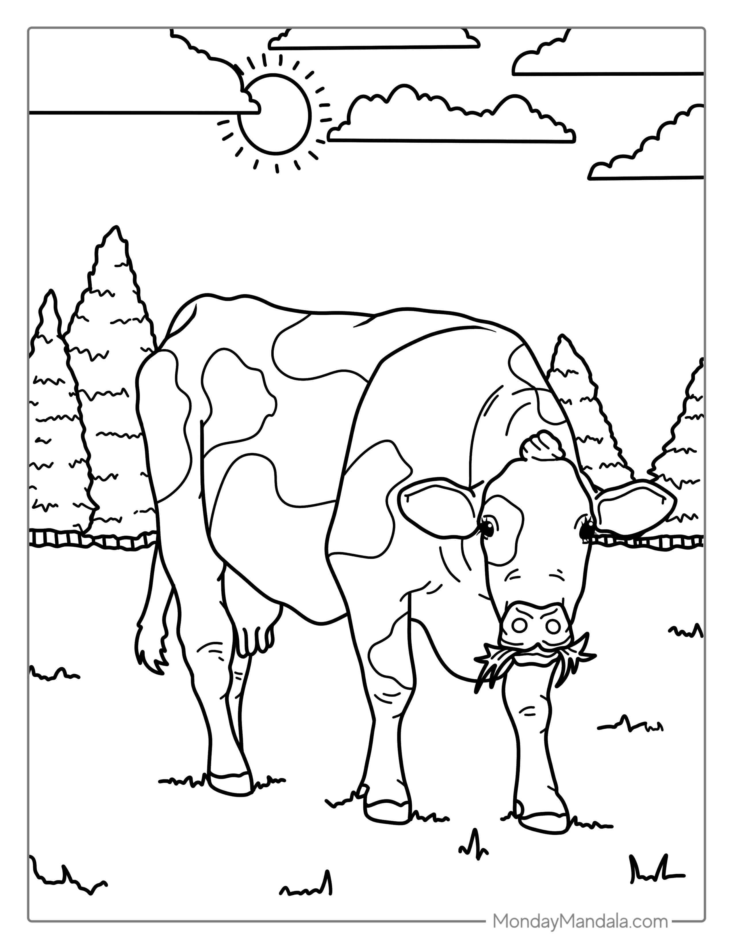 Holstein Cow Eating Grass On Farm Coloring Page coloring page — printable line art