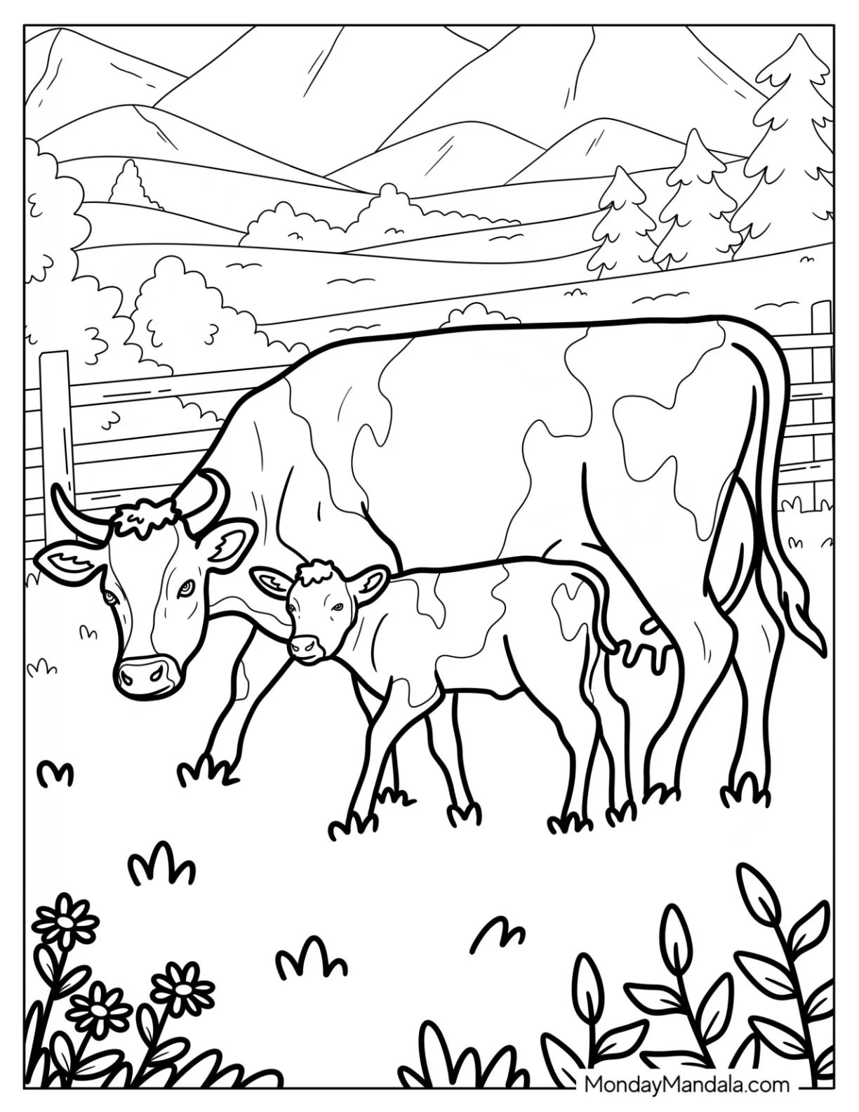 Mother Cow Coloring Page And Calf In A Peaceful Pasture coloring page