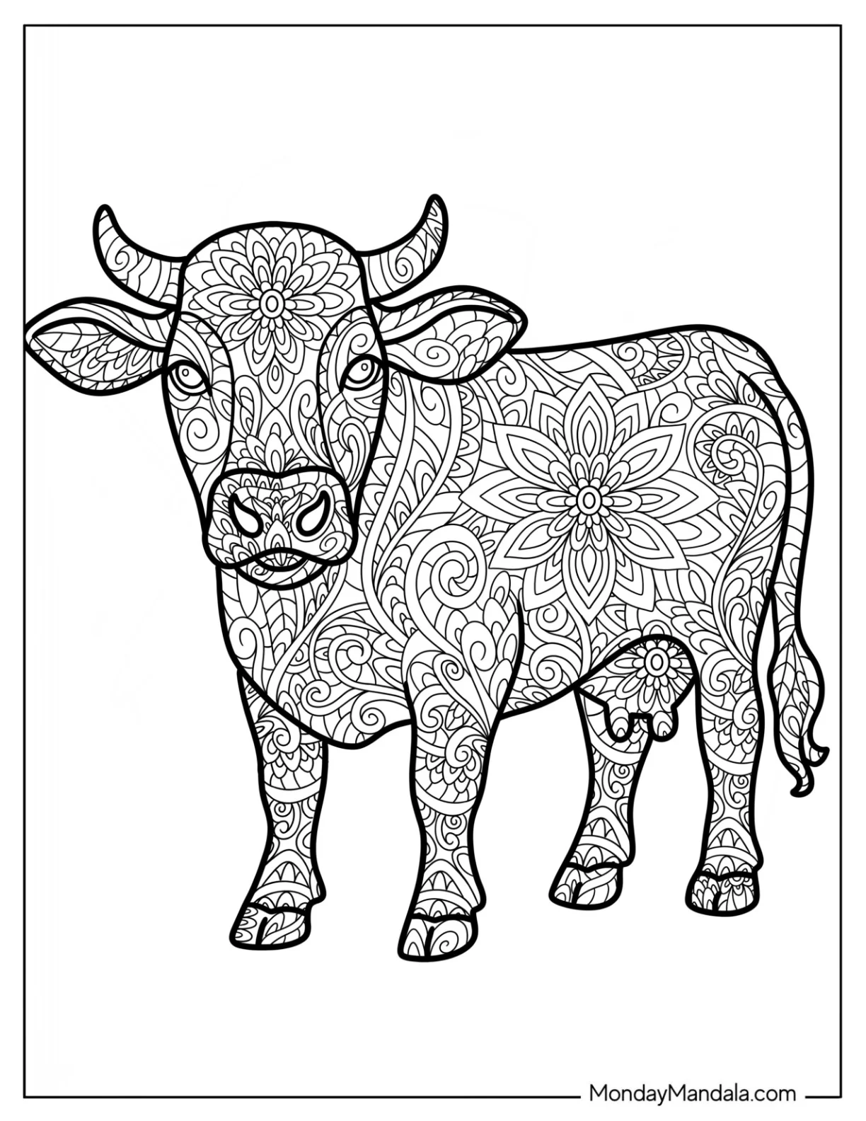Ornate Mandala Cow Coloring Page With Floral And Swirl Patterns coloring page