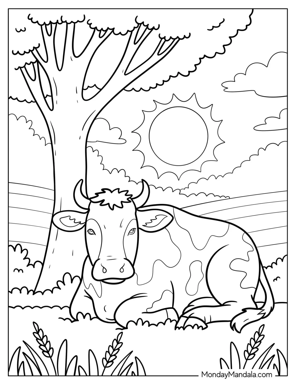 Peaceful Cow Coloring Page Resting Under A Tree On A Sunny Day coloring page