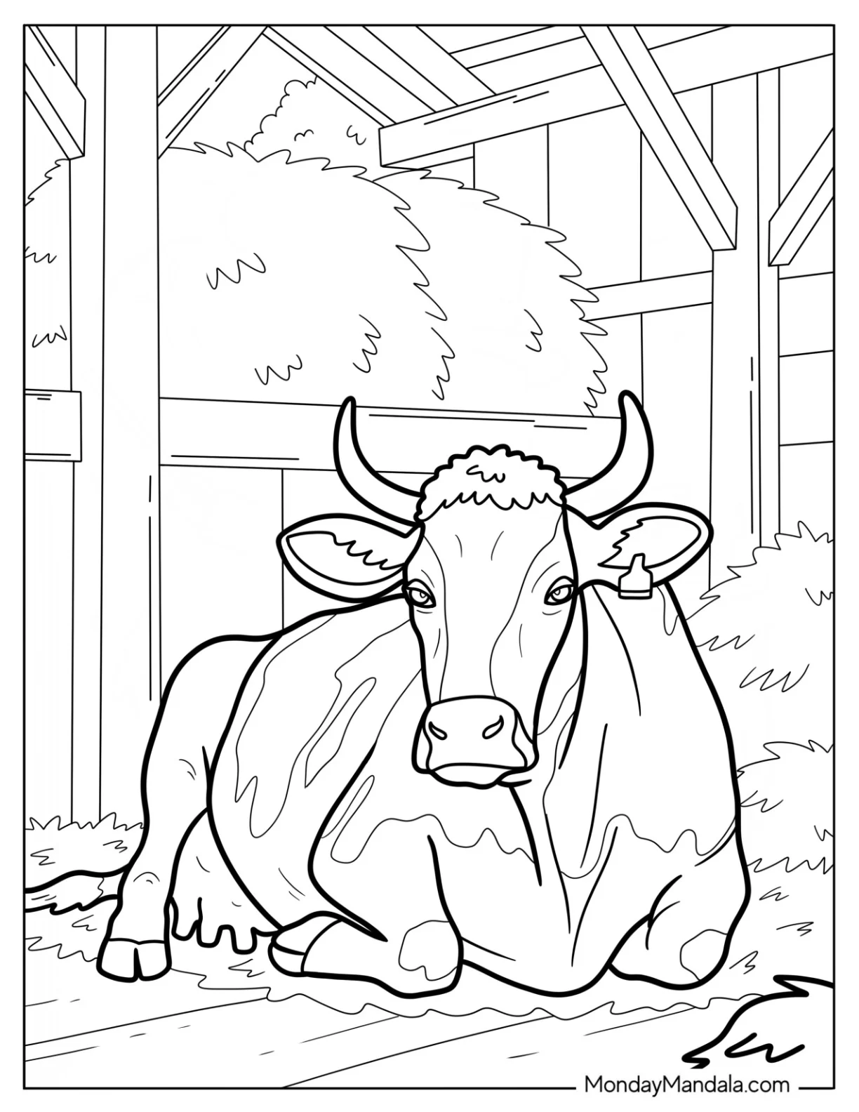 Realistic Cow Coloring Page Resting In A Cozy Barn coloring page — printable line art